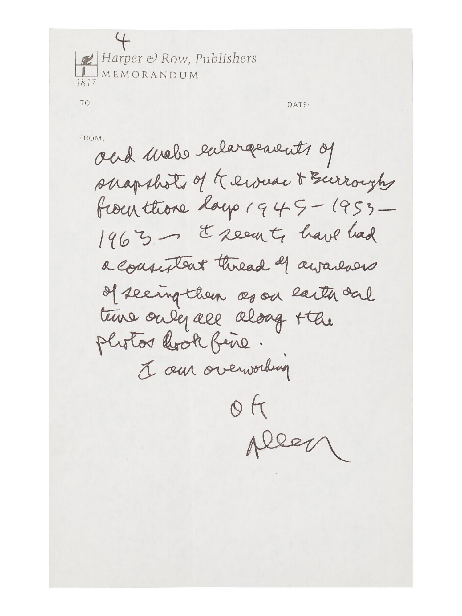 GINSBERG, Allen (1926-1997). Autograph letter signed ("Allan"), to István Eörsi. New York, New York, 11 May 1984. 4 pages, 8vo, 215 x 138 mm, on Harper & Row, Publishers Memorandum paper, Ginsberg's return address stamped on the first page, with original envelope .