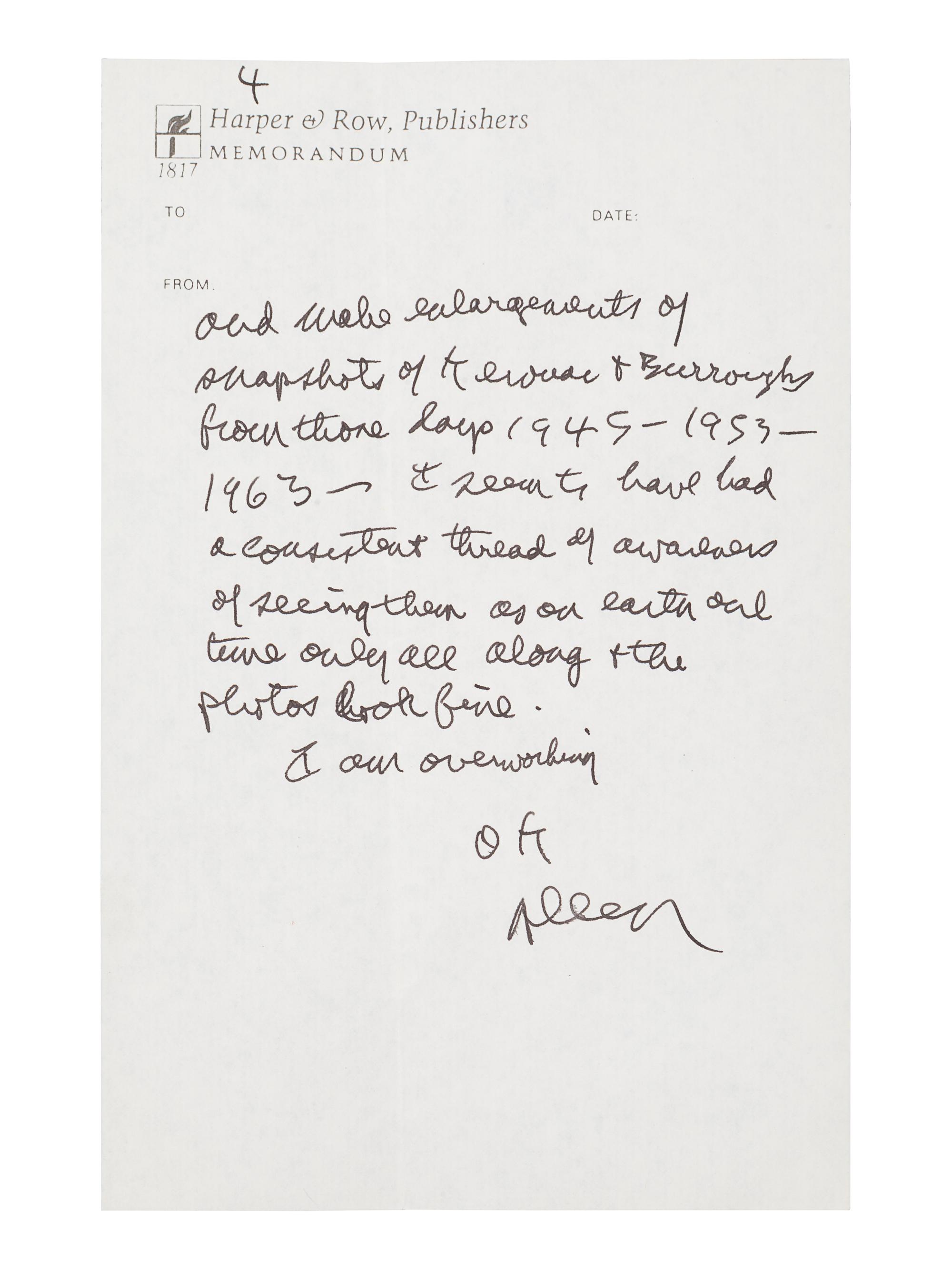 GINSBERG, Allen (1926-1997). Autograph letter signed ("Allan"), to István Eörsi. New York, New York, 11 May 1984. 4 pages, 8vo, 215 x 138 mm, on Harper & Row, Publishers Memorandum paper, Ginsberg's return address stamped on the first page, with original envelope .