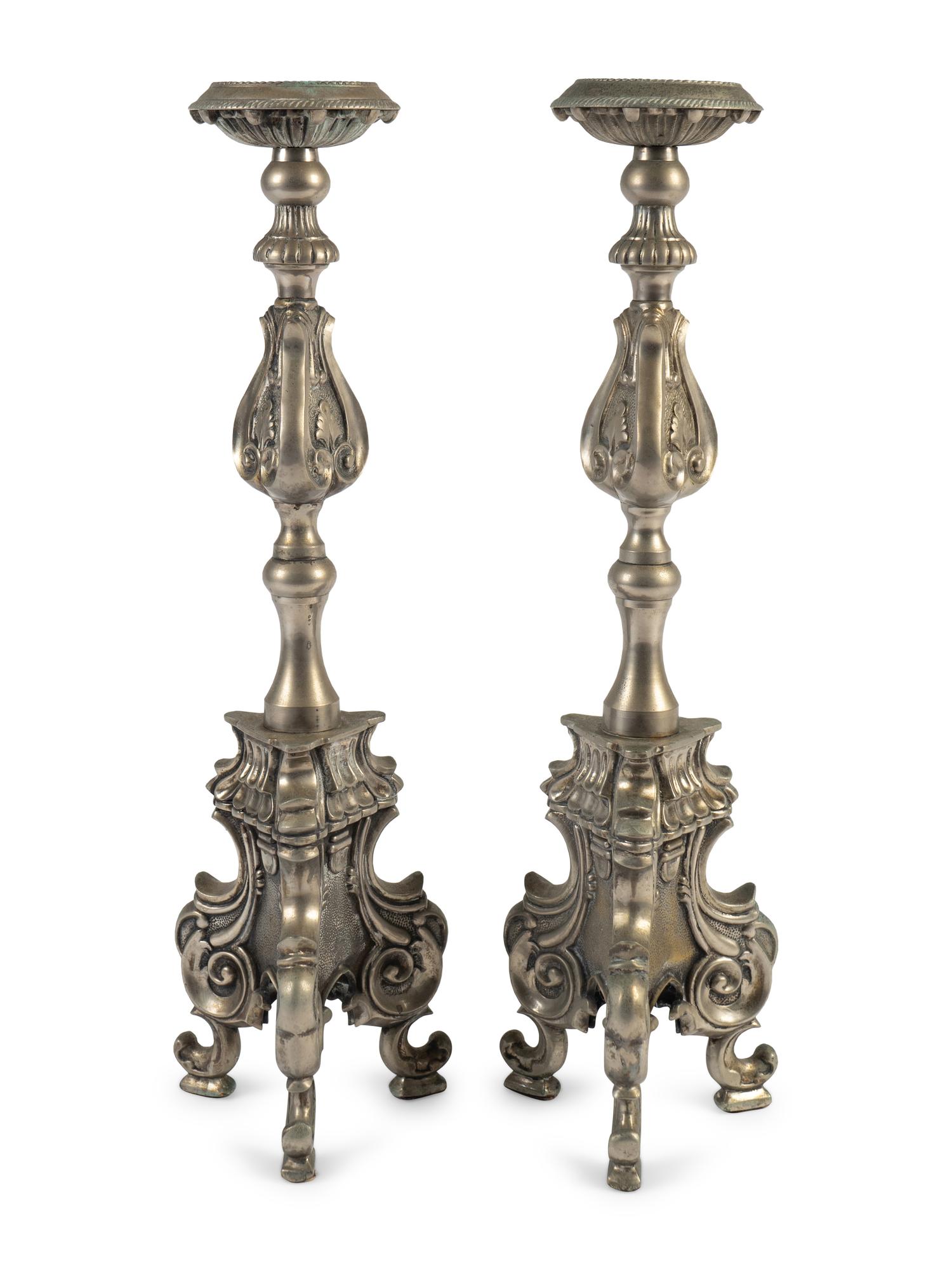 A Pair of Italian Renaissance Style Silvered Brass Pricketsticks
