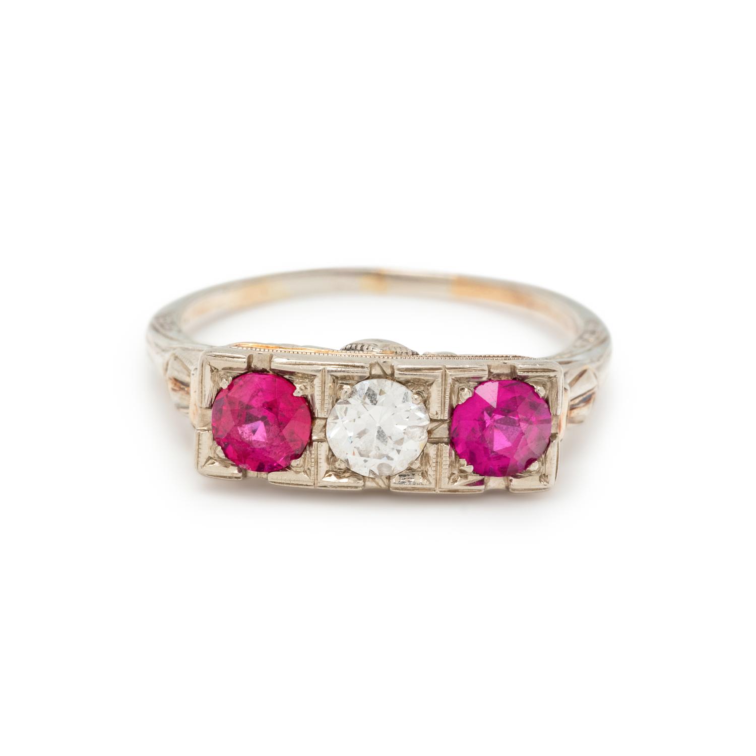 ANTIQUE, DIAMOND AND SYNTHETIC RUBY RING