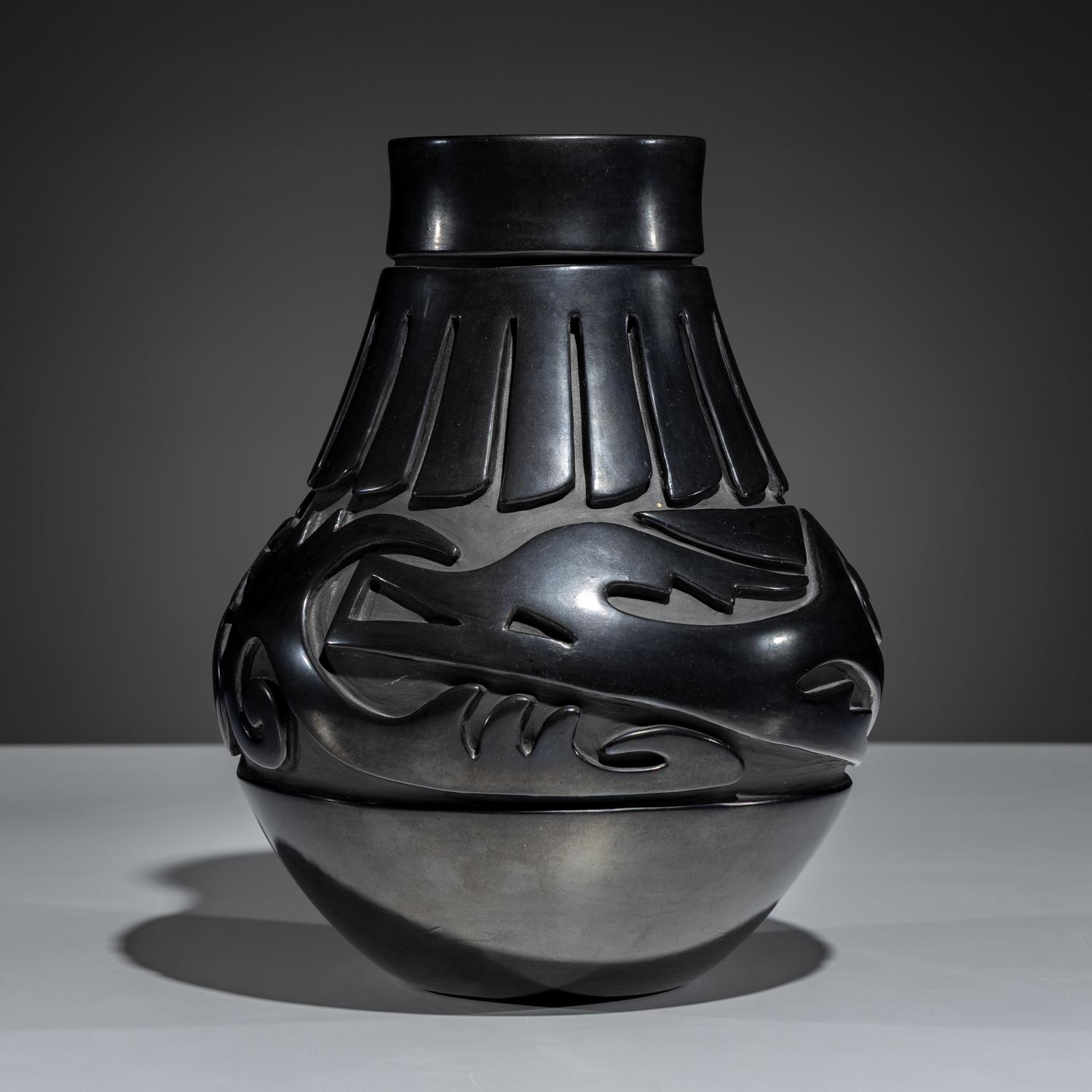 Carved Blackware Pottery Vase, Stylized Avanyu