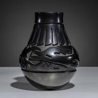 Carved Blackware Pottery Vase, Stylized Avanyu