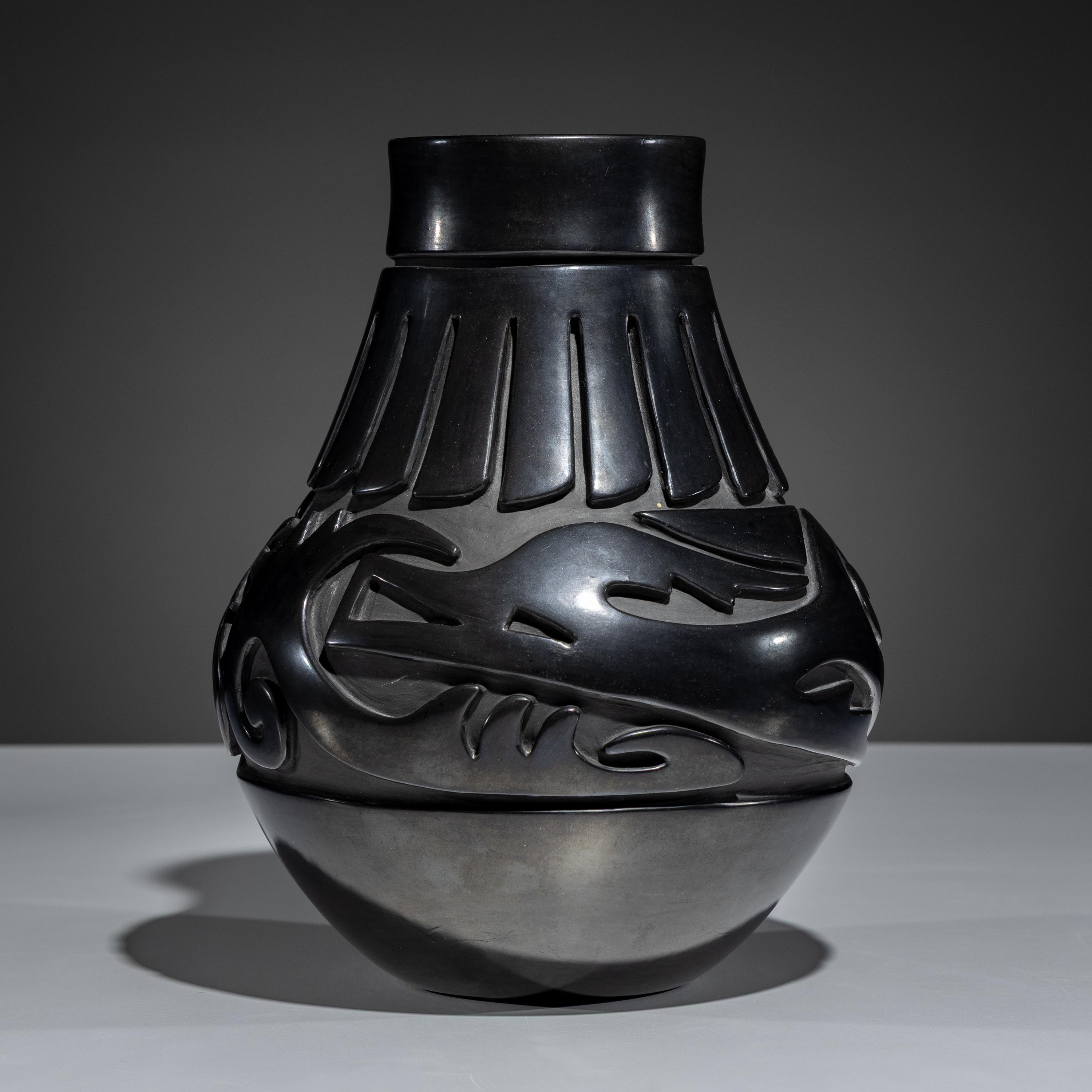 Carved Blackware Pottery Vase, Stylized Avanyu