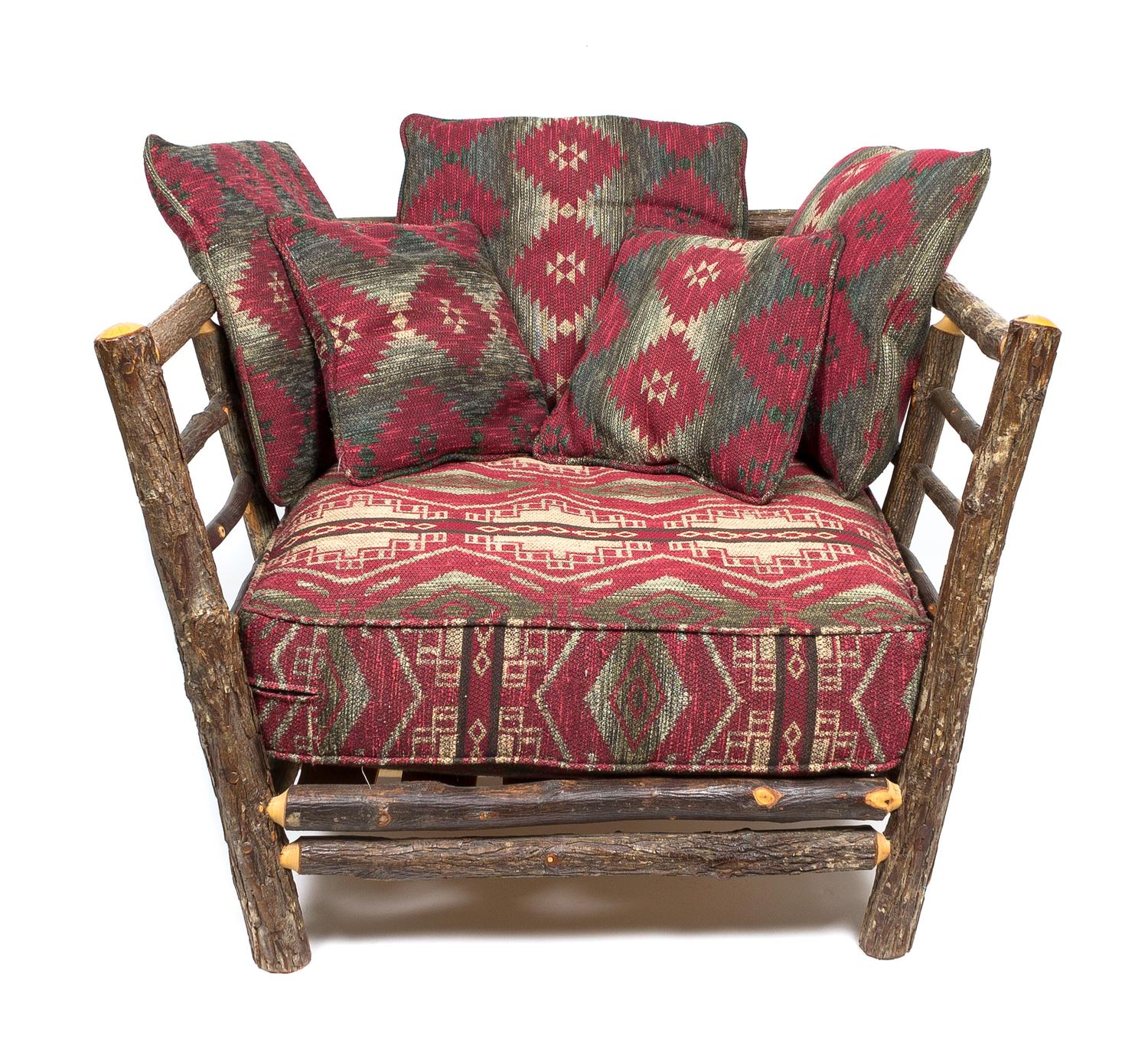 Three Twig Arm Chairs with Upholstered Cushions, Flat Rock Furniture Company Height of largest 28 x width 42 x depth 39 inches.