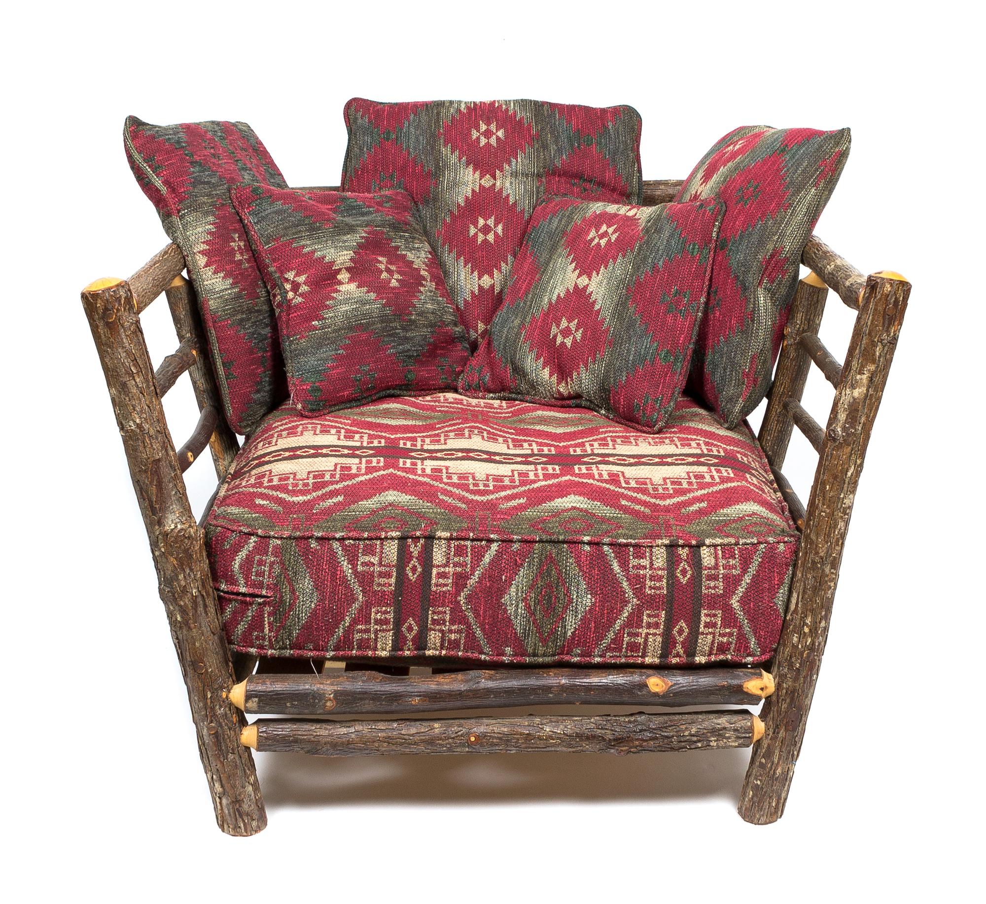Three Twig Arm Chairs with Upholstered Cushions, Flat Rock Furniture Company Height of largest 28 x width 42 x depth 39 inches.