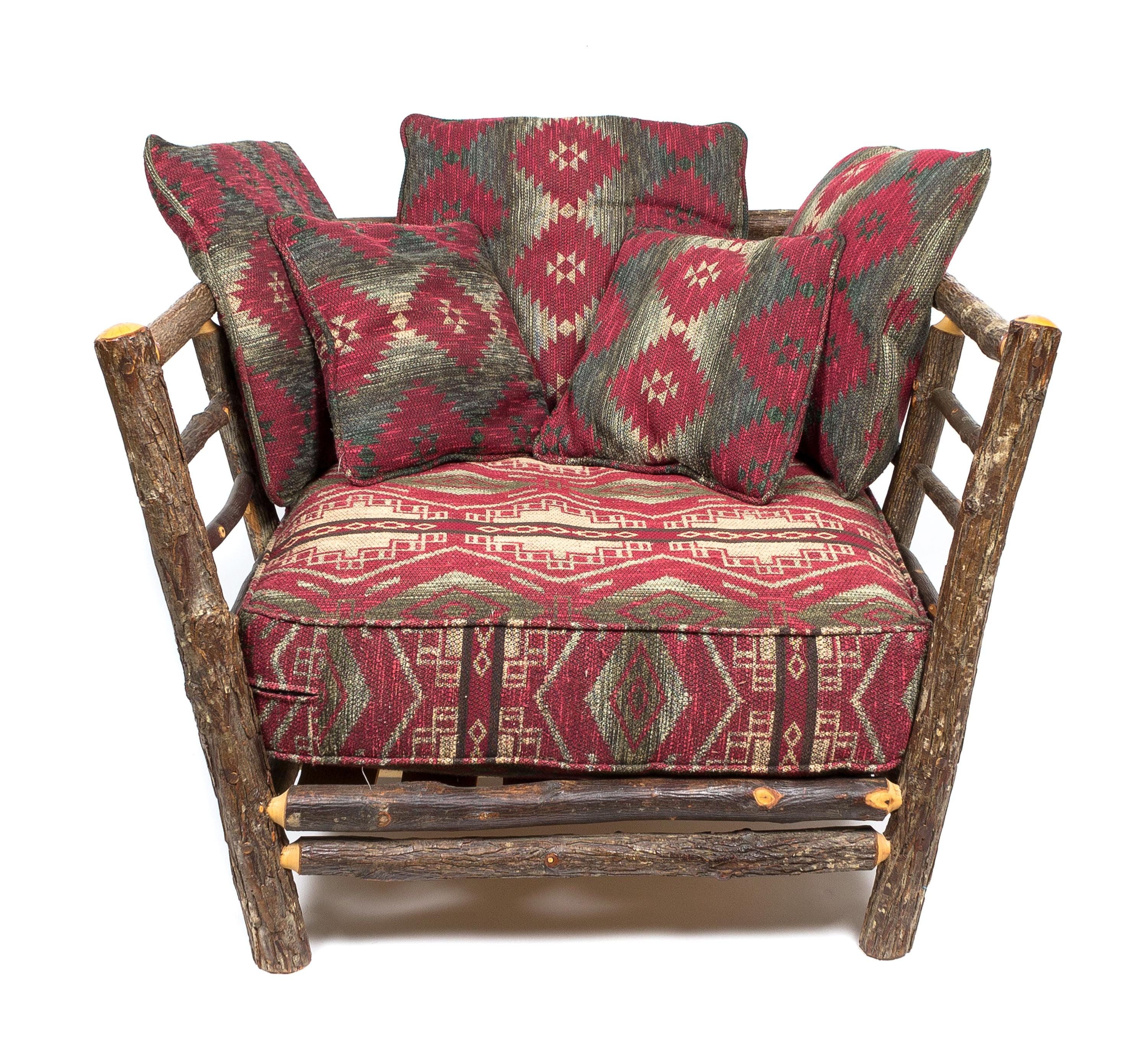 Three Twig Arm Chairs with Upholstered Cushions, Flat Rock Furniture Company Height of largest 28 x width 42 x depth 39 inches.