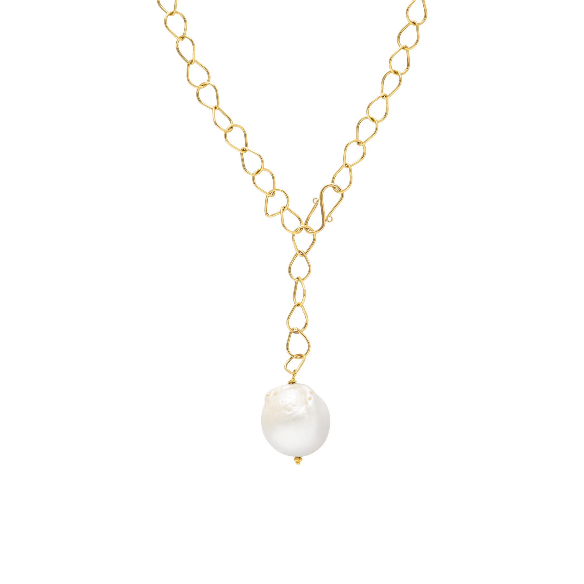 CULTURED PEARL AND YELLOW GOLD FANCY LINK NECKLACE