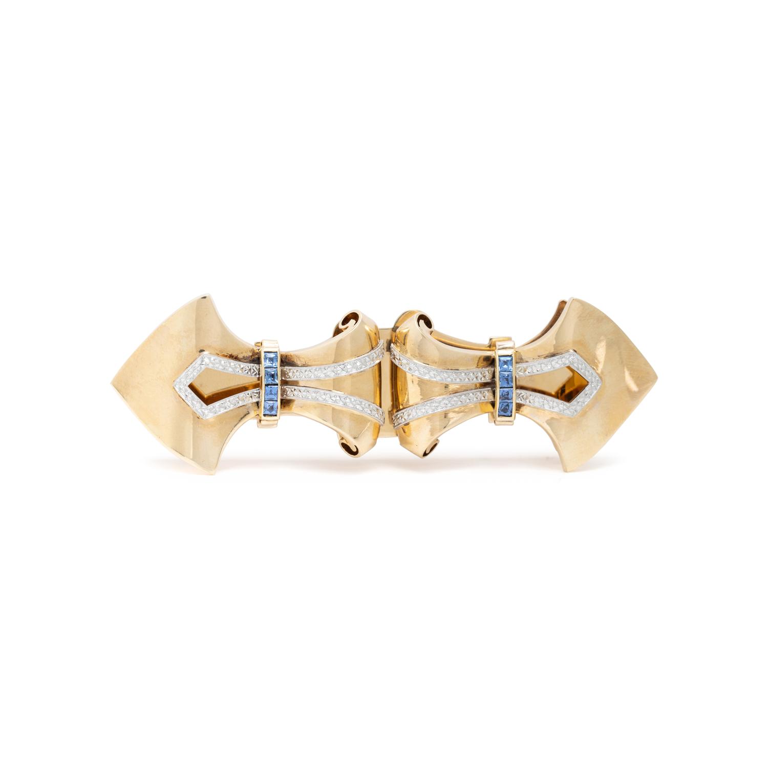 RETRO, YELLOW GOLD AND SAPPHIRE DOUBLE CLIP/BROOCH