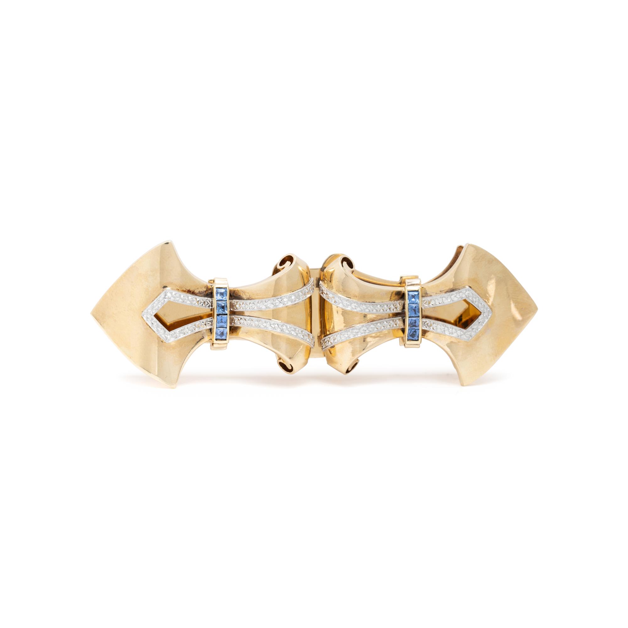 RETRO, YELLOW GOLD AND SAPPHIRE DOUBLE CLIP/BROOCH