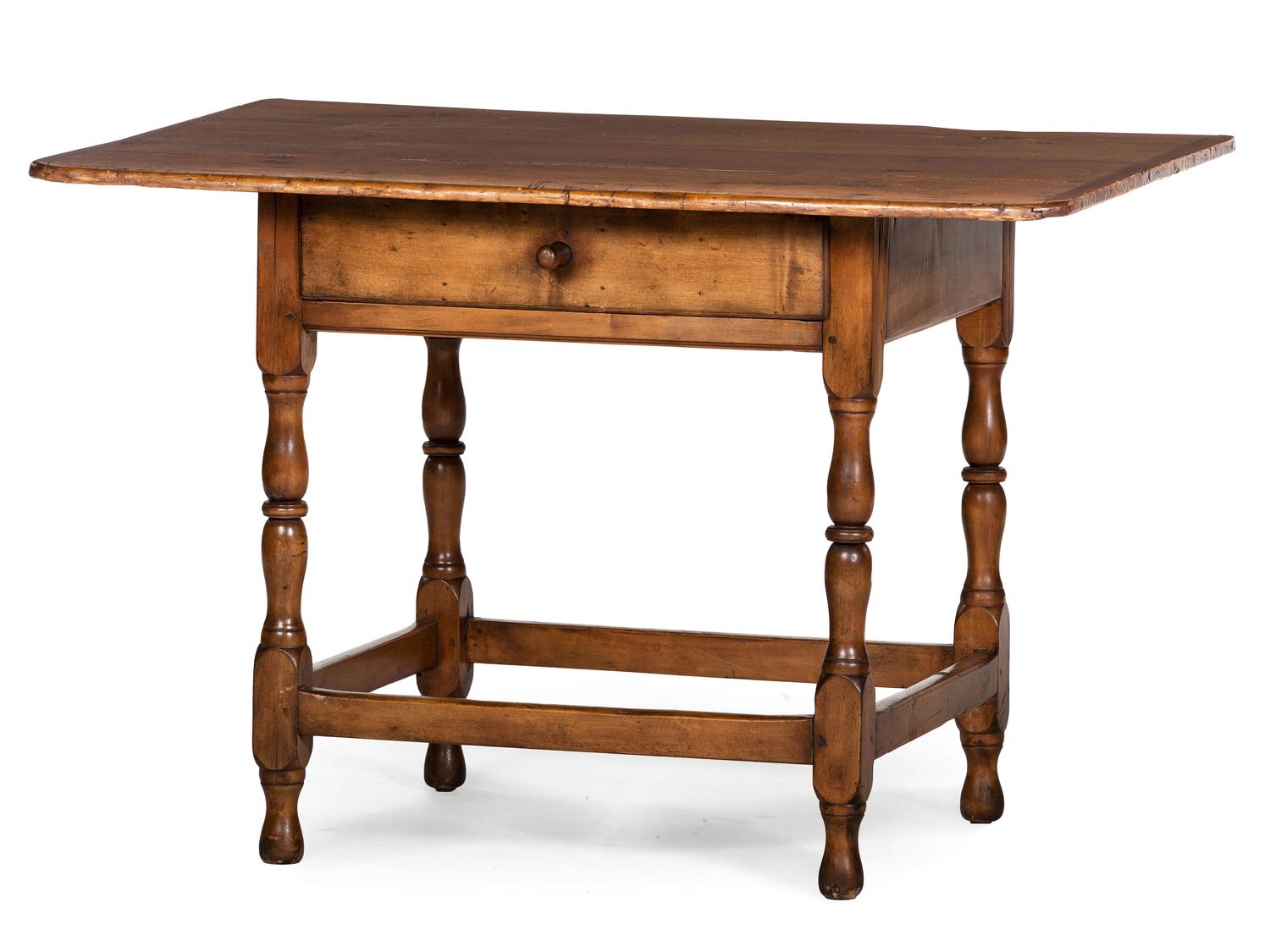 A William and Mary Pine and Maple One-Drawer Stretcher-Base Tavern Table