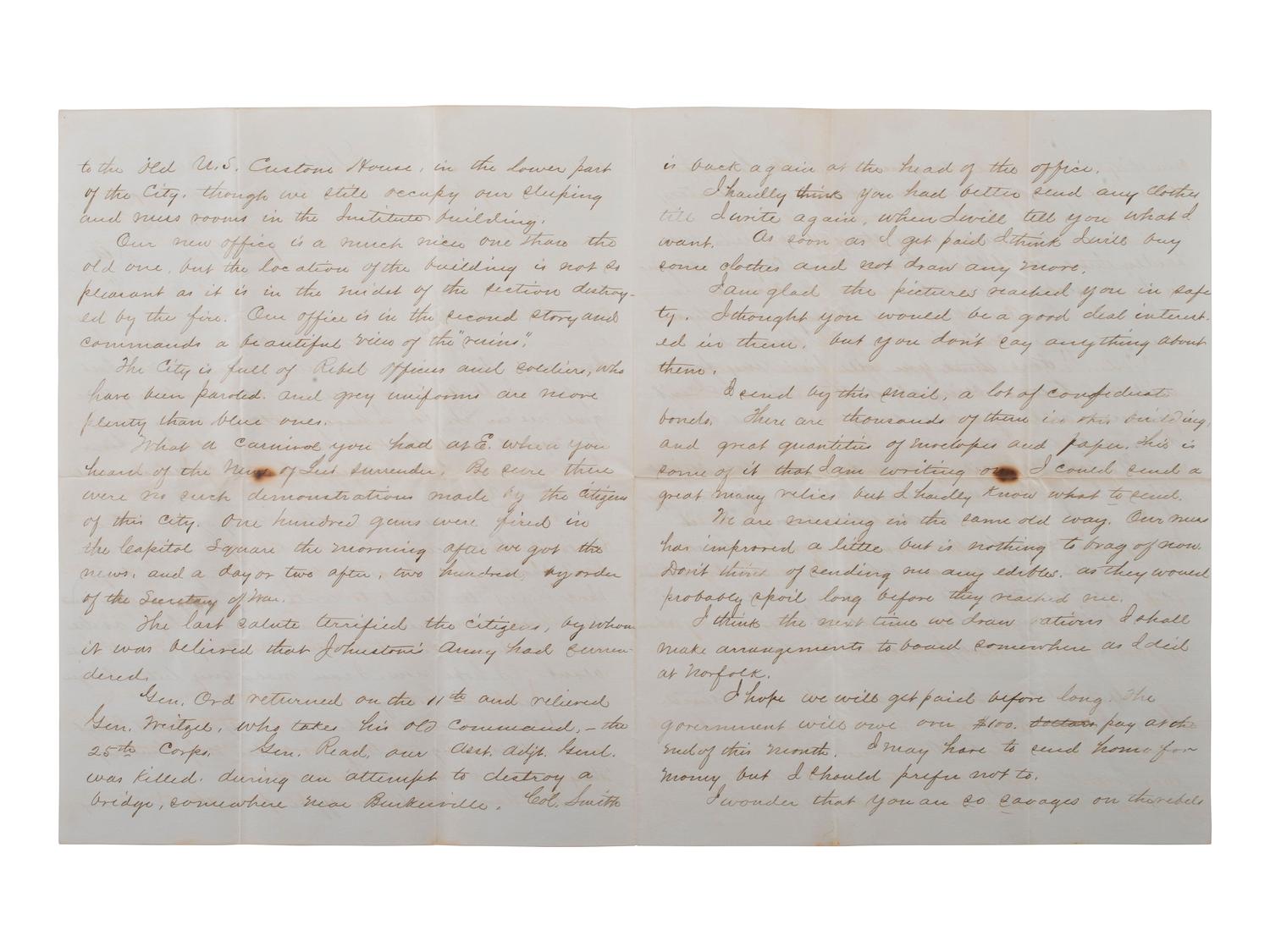 [CIVIL WAR]. Union soldier's letter written on captured Confederate stationery by Frederick C. Hale, Company F, 118th New York Infantry, with Confederate bonds. Richmond, 16 April 1865.