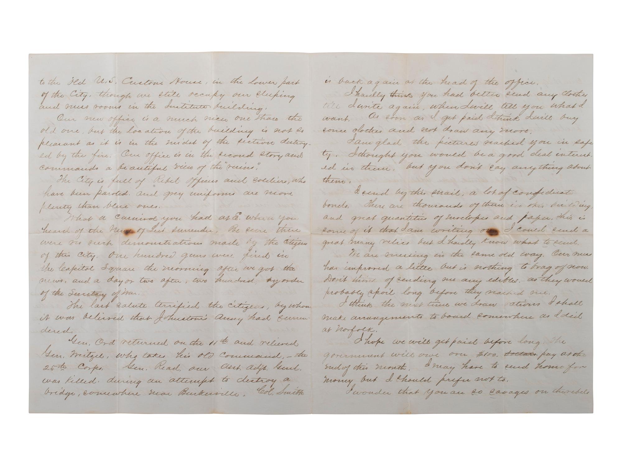 [CIVIL WAR]. Union soldier's letter written on captured Confederate stationery by Frederick C. Hale, Company F, 118th New York Infantry, with Confederate bonds. Richmond, 16 April 1865.