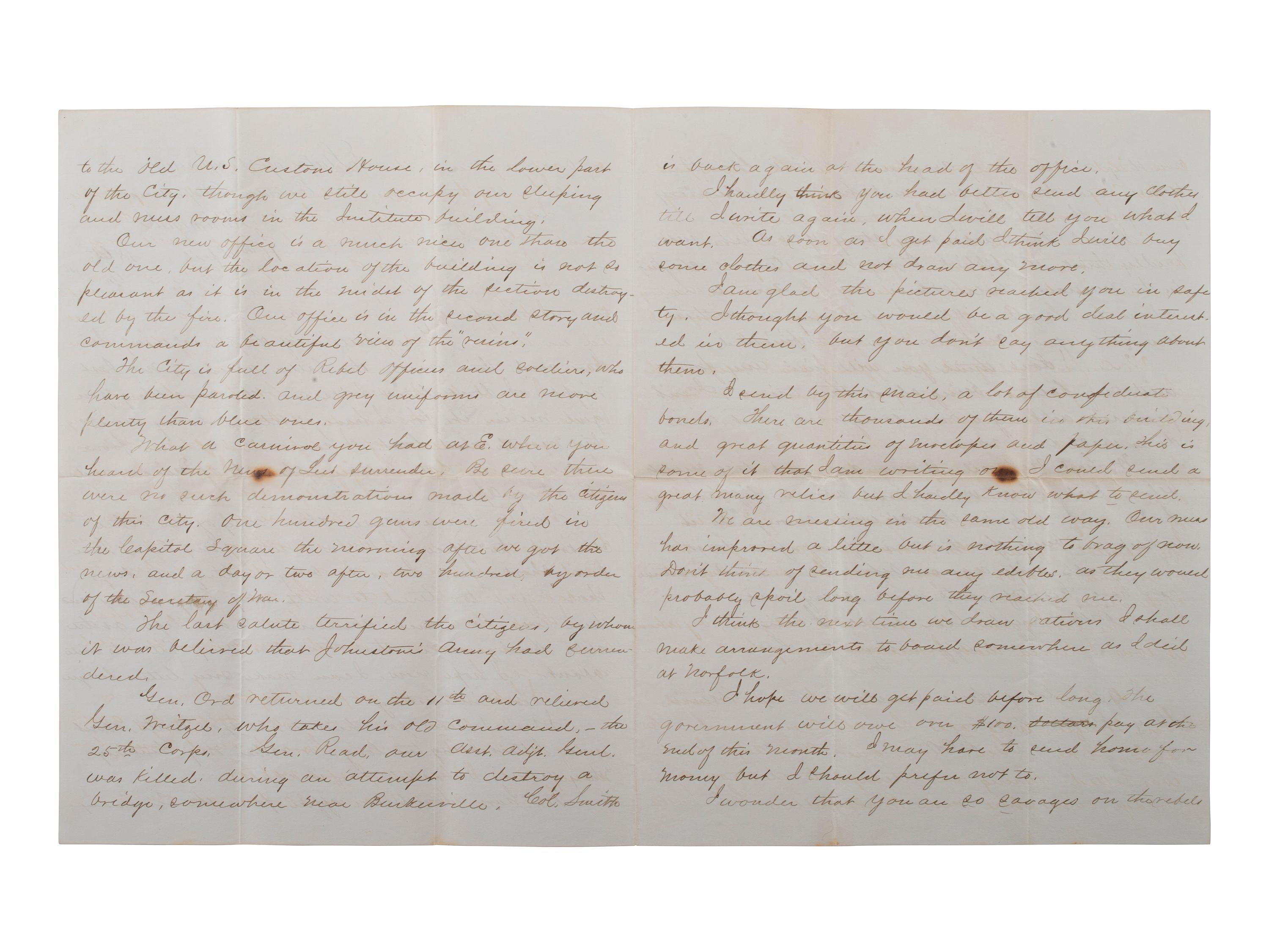 [CIVIL WAR]. Union soldier's letter written on captured Confederate stationery by Frederick C. Hale, Company F, 118th New York Infantry, with Confederate bonds. Richmond, 16 April 1865.