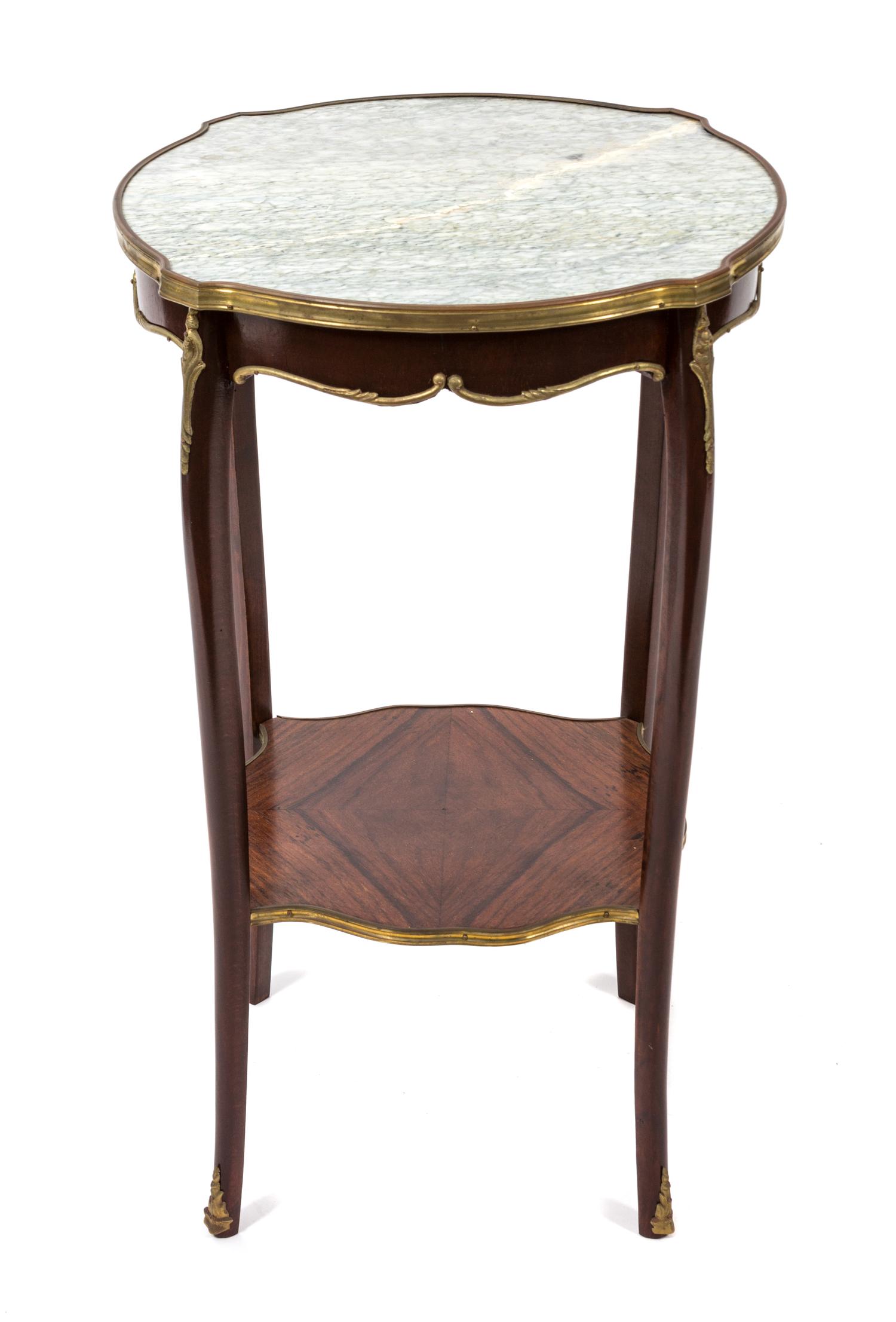 Two Similar Louis XV Style Gilt and Marble Top Gueridons Height 27 1/2 x diameter 17 inches. — LATE 19TH CENTURY