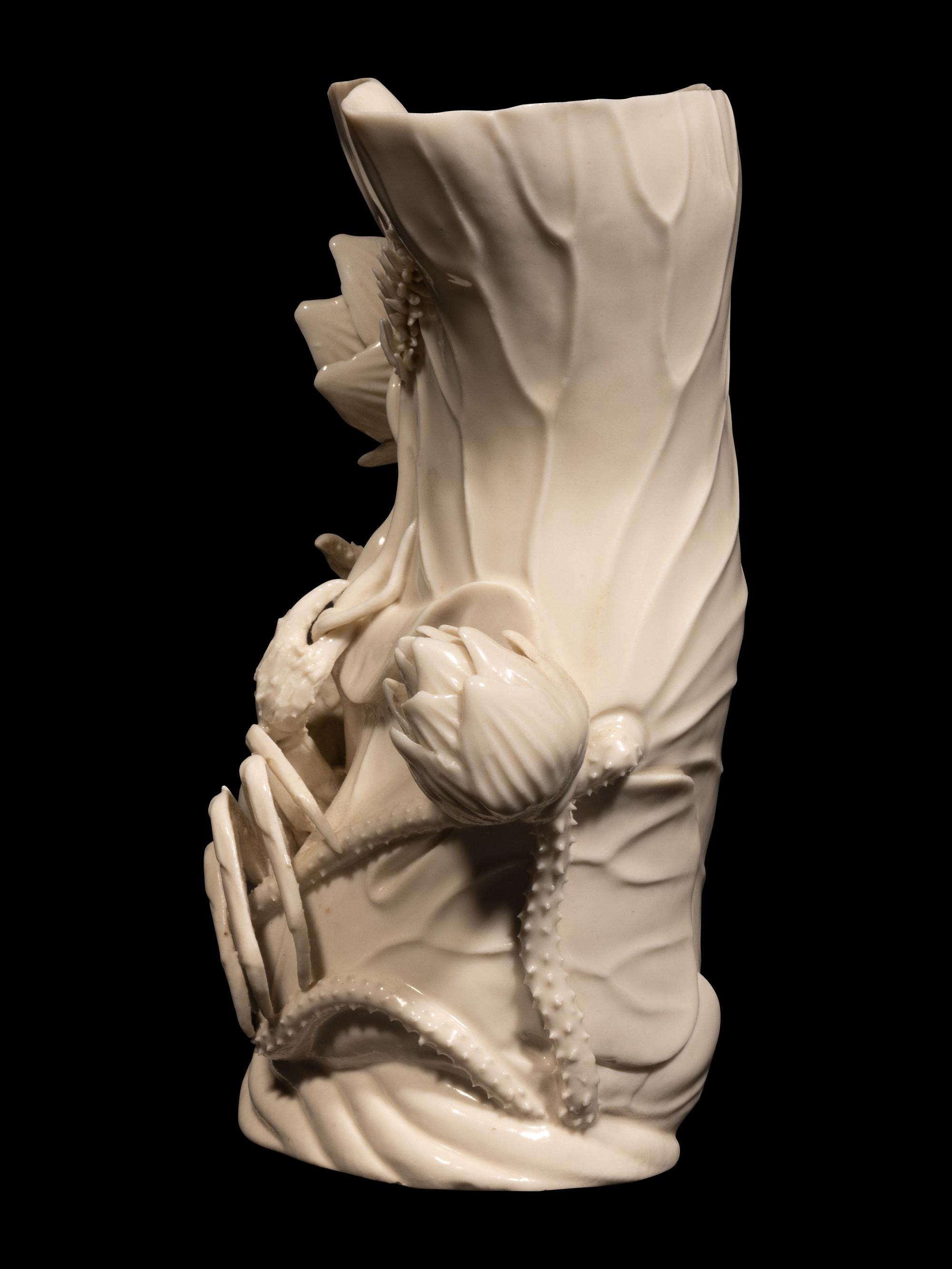 A Chinese Blanc de Chine Porcelain 'Crab and Lotus' Brush Pot
