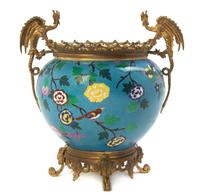 A French Gilt Metal Mounted Simulated Cloisonne Center Bowl, Height over handles 11 3/4 inches.