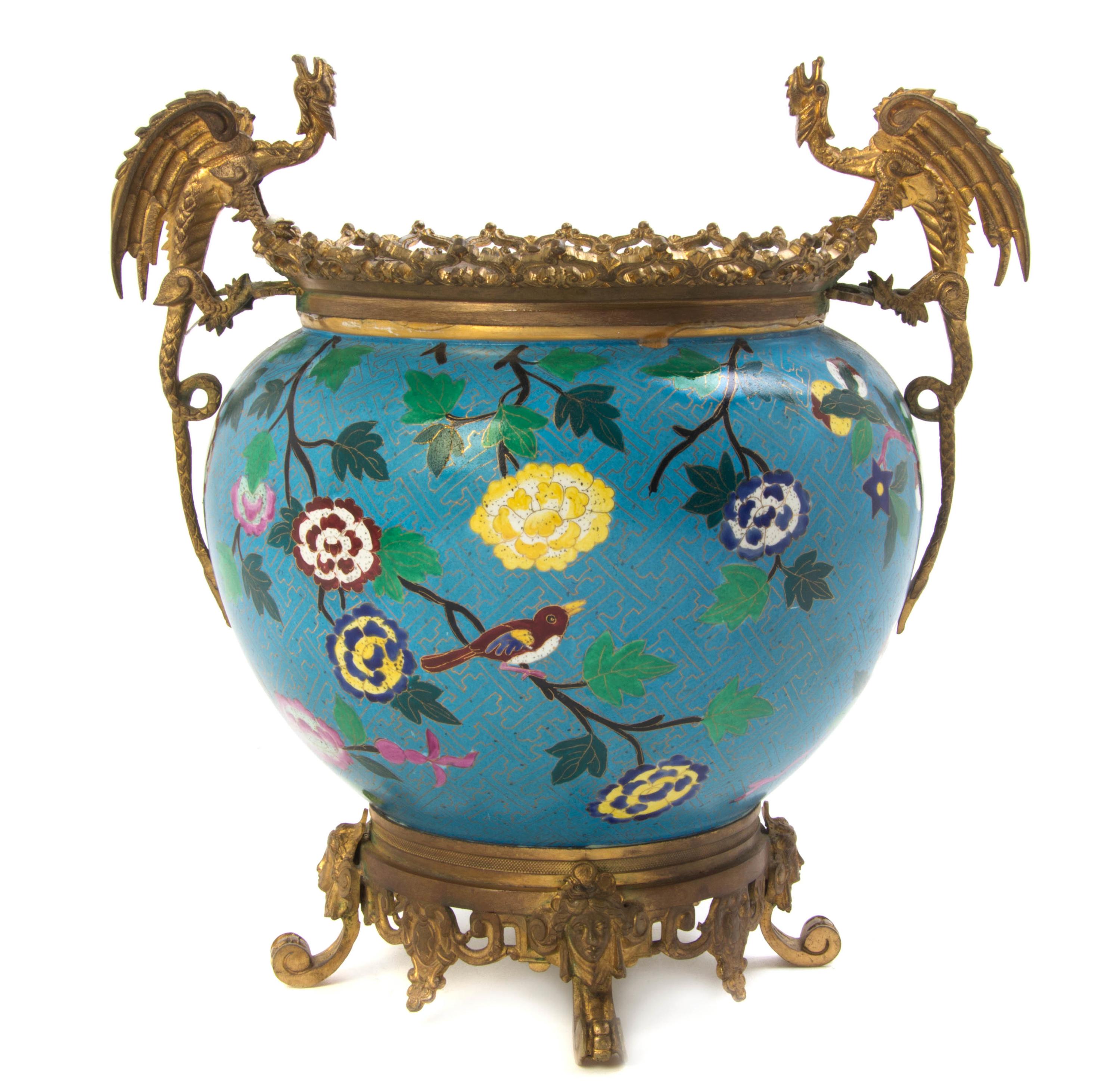 A French Gilt Metal Mounted Simulated Cloisonne Center Bowl, Height over handles 11 3/4 inches.