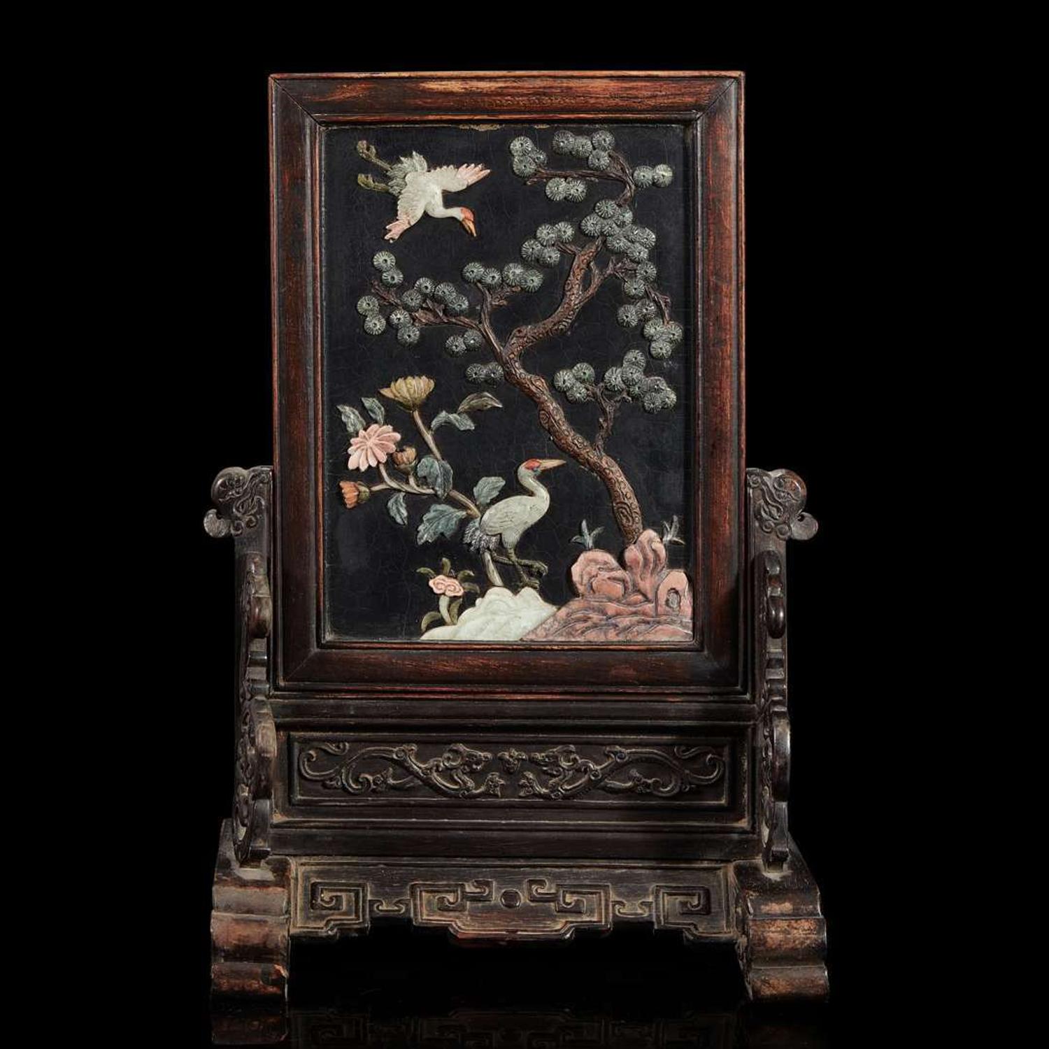 A Chinese embellished lacquer and carved hardwood table screen