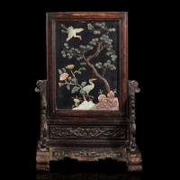 A Chinese embellished lacquer and carved hardwood table screen