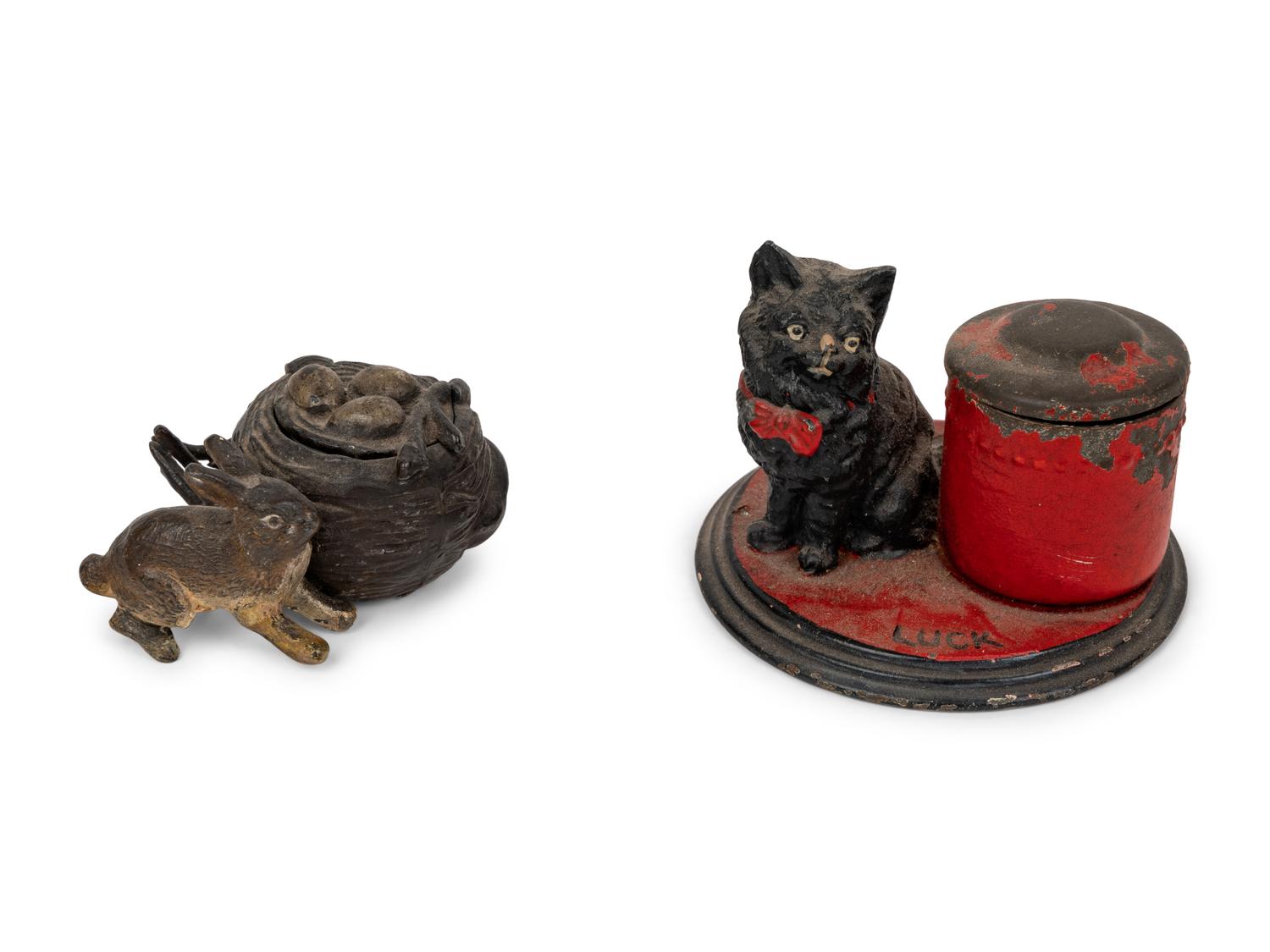 Three Continental Cat-Themed Inkwells
