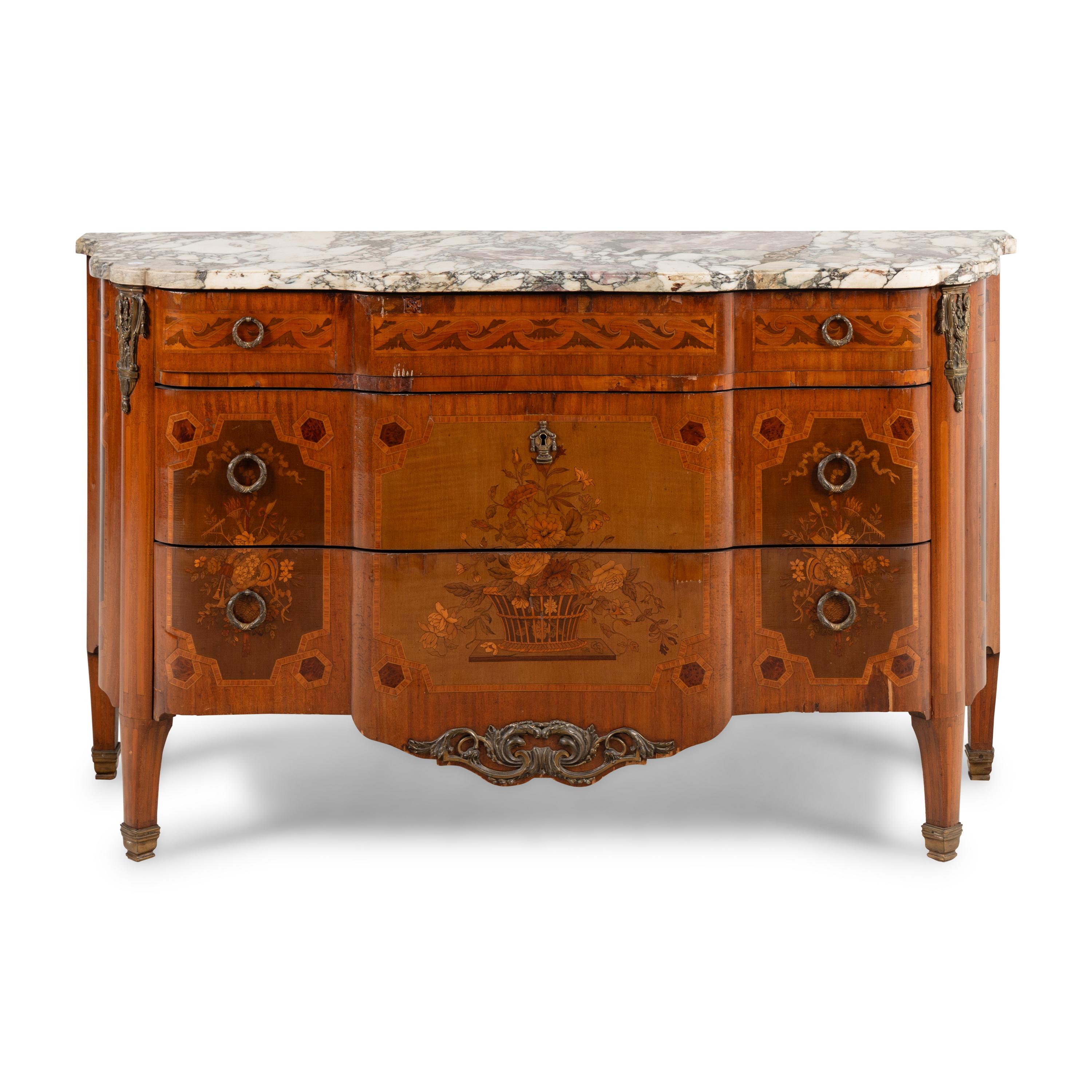 A Louis XVI Style Marquetry and Gilt Bronze Mounted Marble-Top Commode