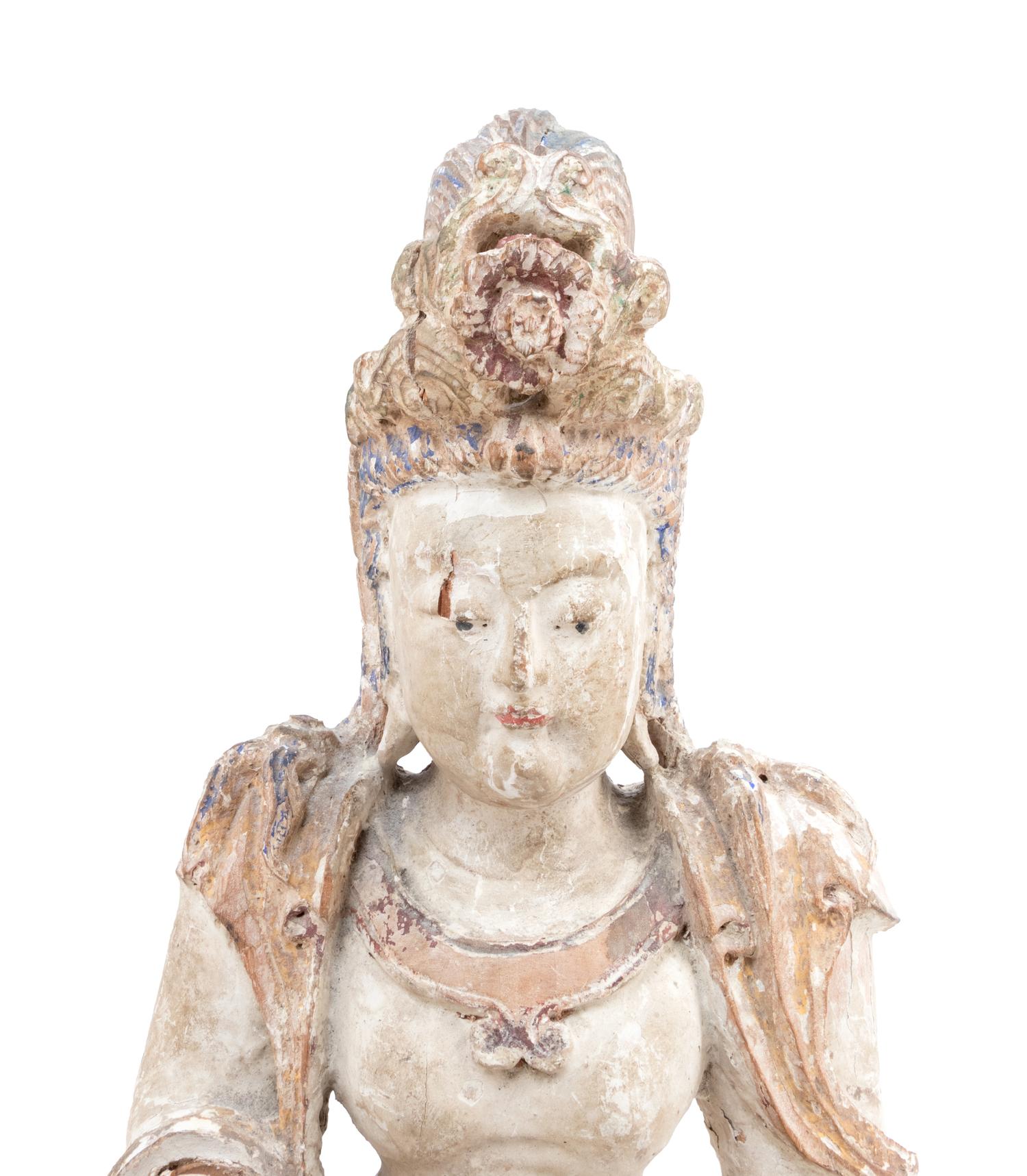 A Chinese Polychrome Painted Wood Figure of Guanyin