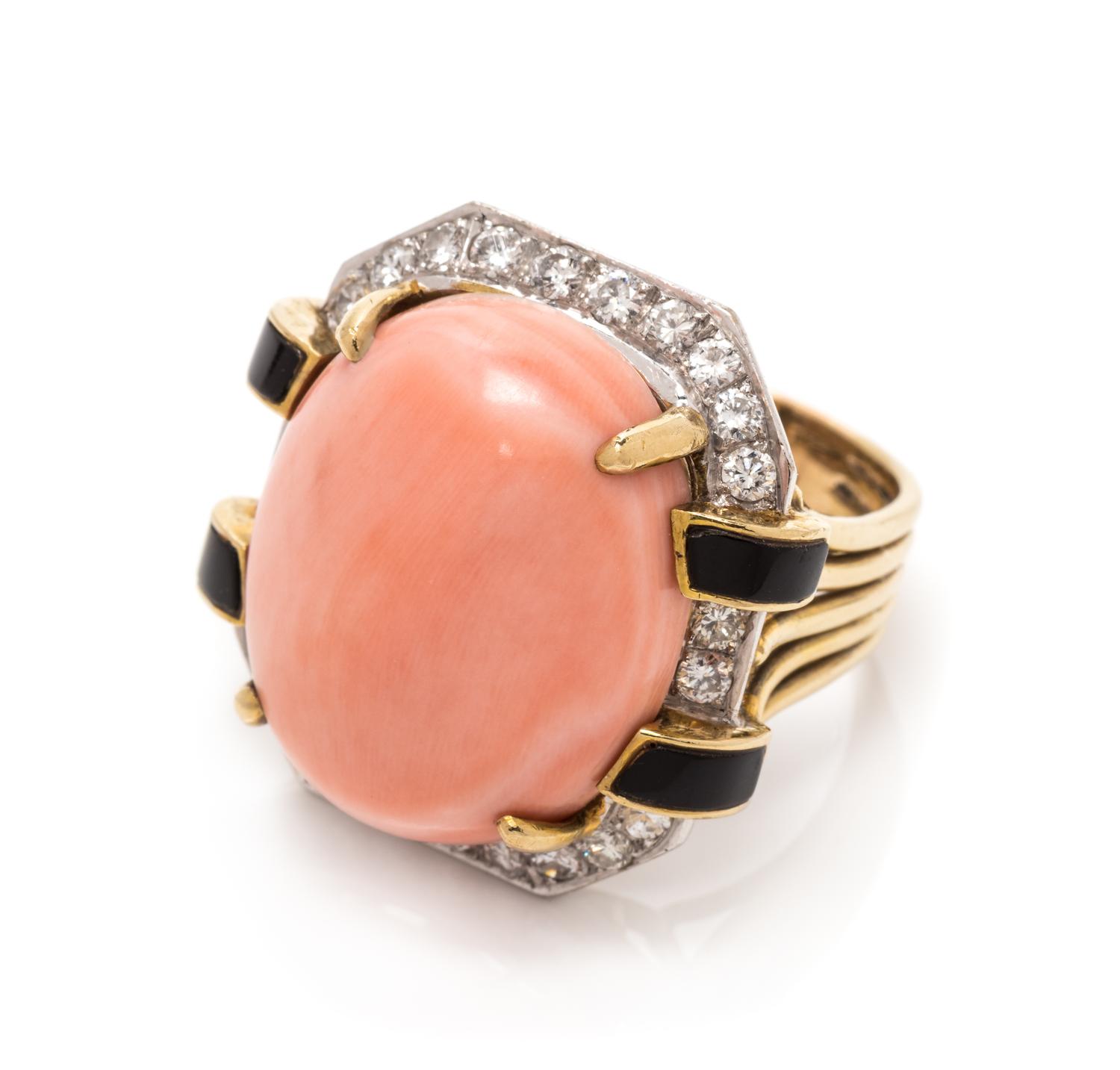 CORAL, DIAMOND AND ONYX RING