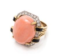 CORAL, DIAMOND AND ONYX RING