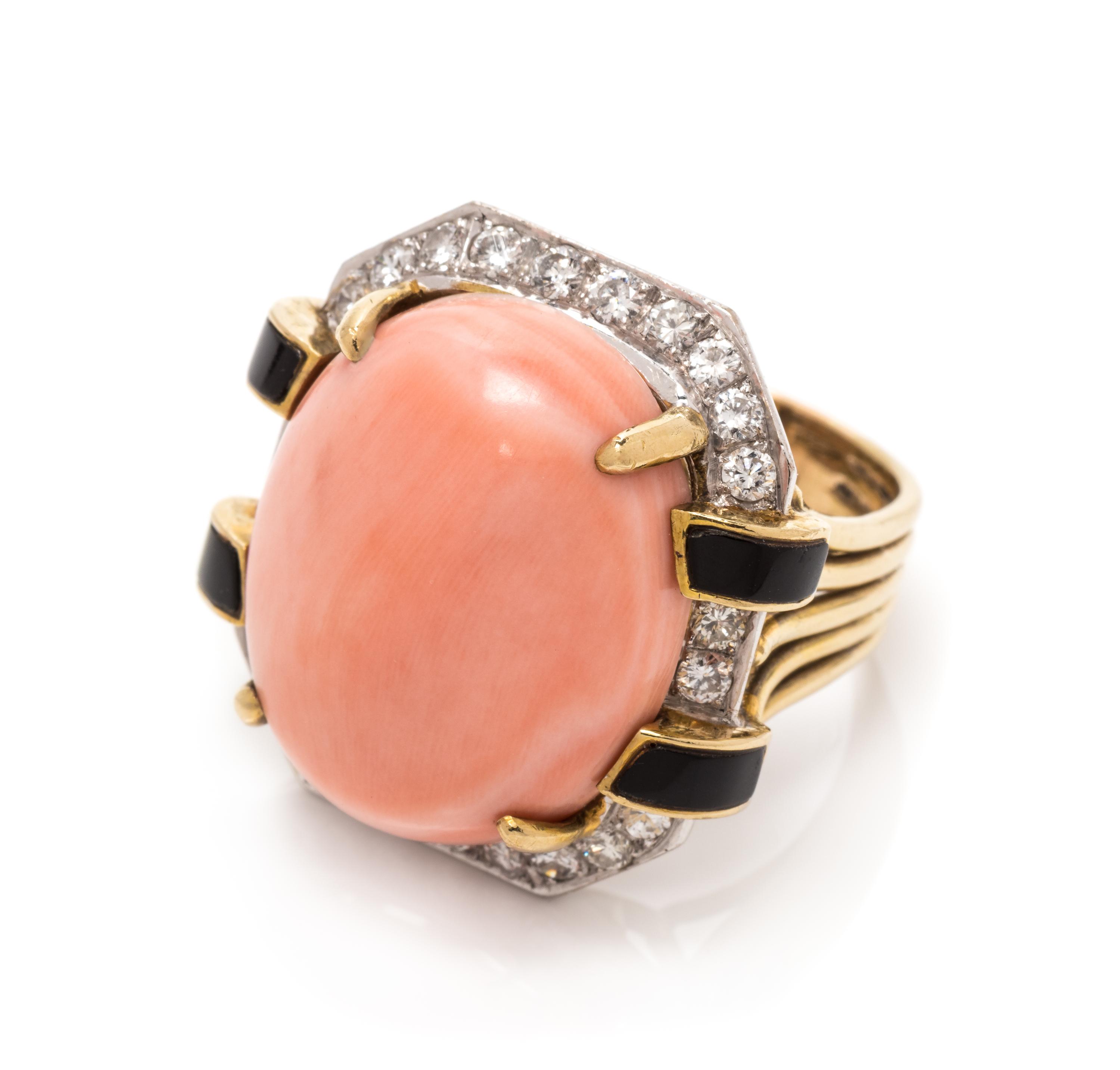 CORAL, DIAMOND AND ONYX RING