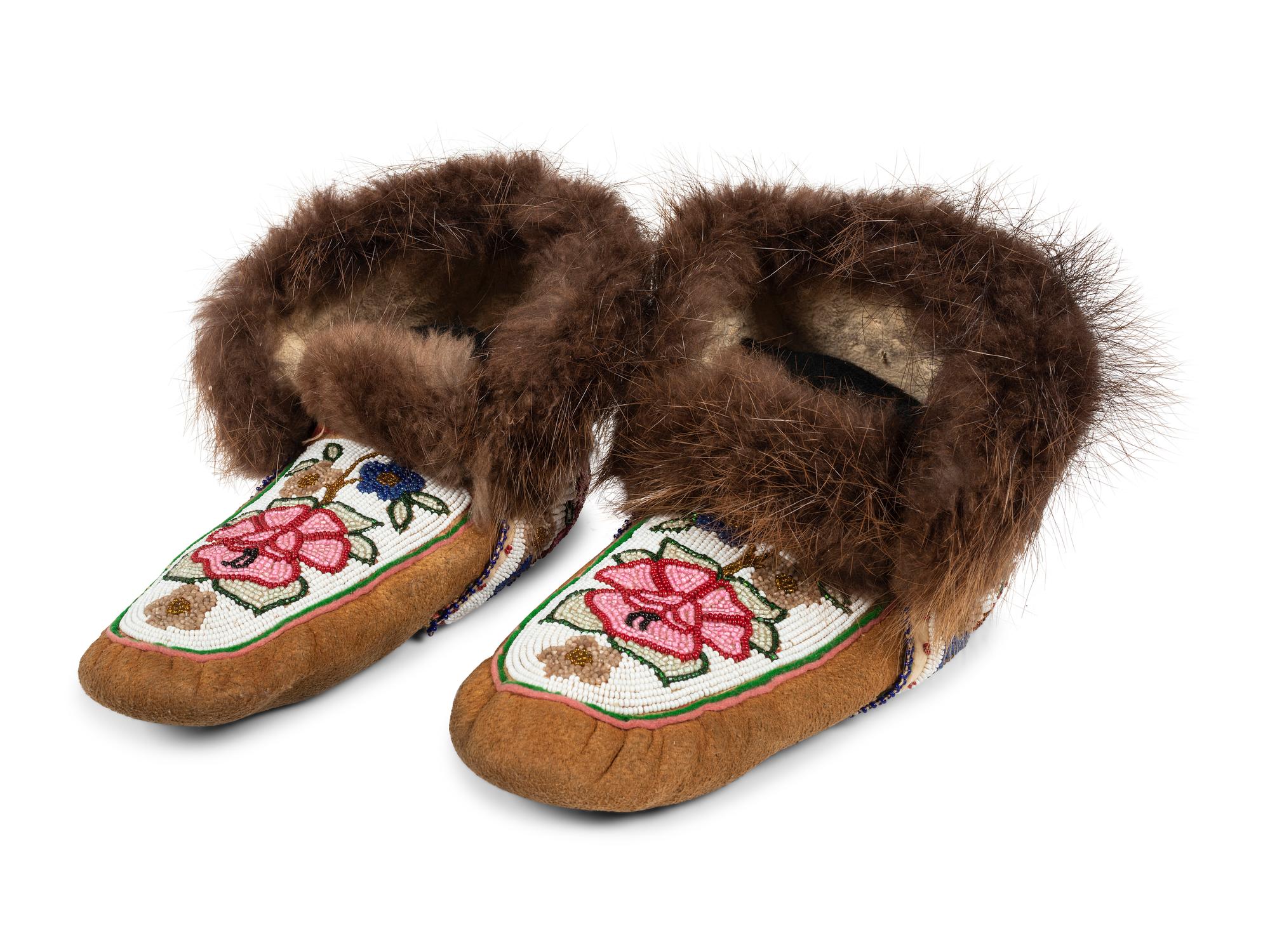 Northern Cree Beaded Hide Moccasins and Quilled Hide Table Mat