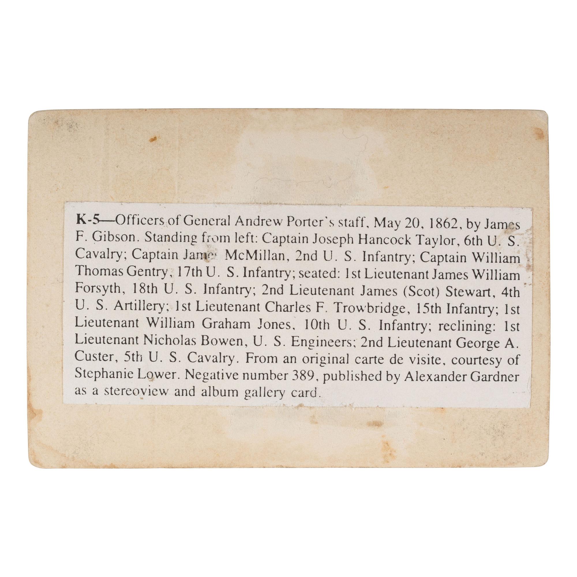 [Custer, George A]. Gibson, James. Officers of General Andrew Porter's staff, May 20, 1862