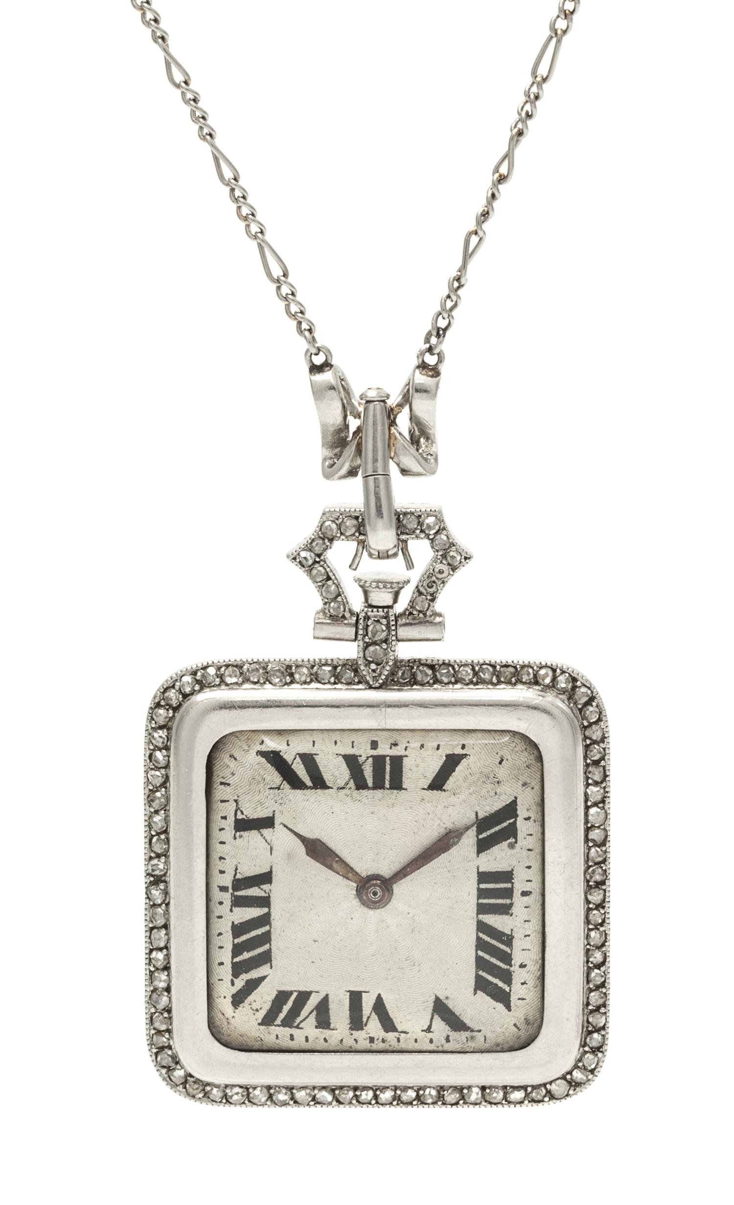 An Art Deco Platinum and Diamond Pendant Watch Necklace, French, 21.00 dwts.