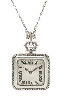 An Art Deco Platinum and Diamond Pendant Watch Necklace, French, 21.00 dwts.