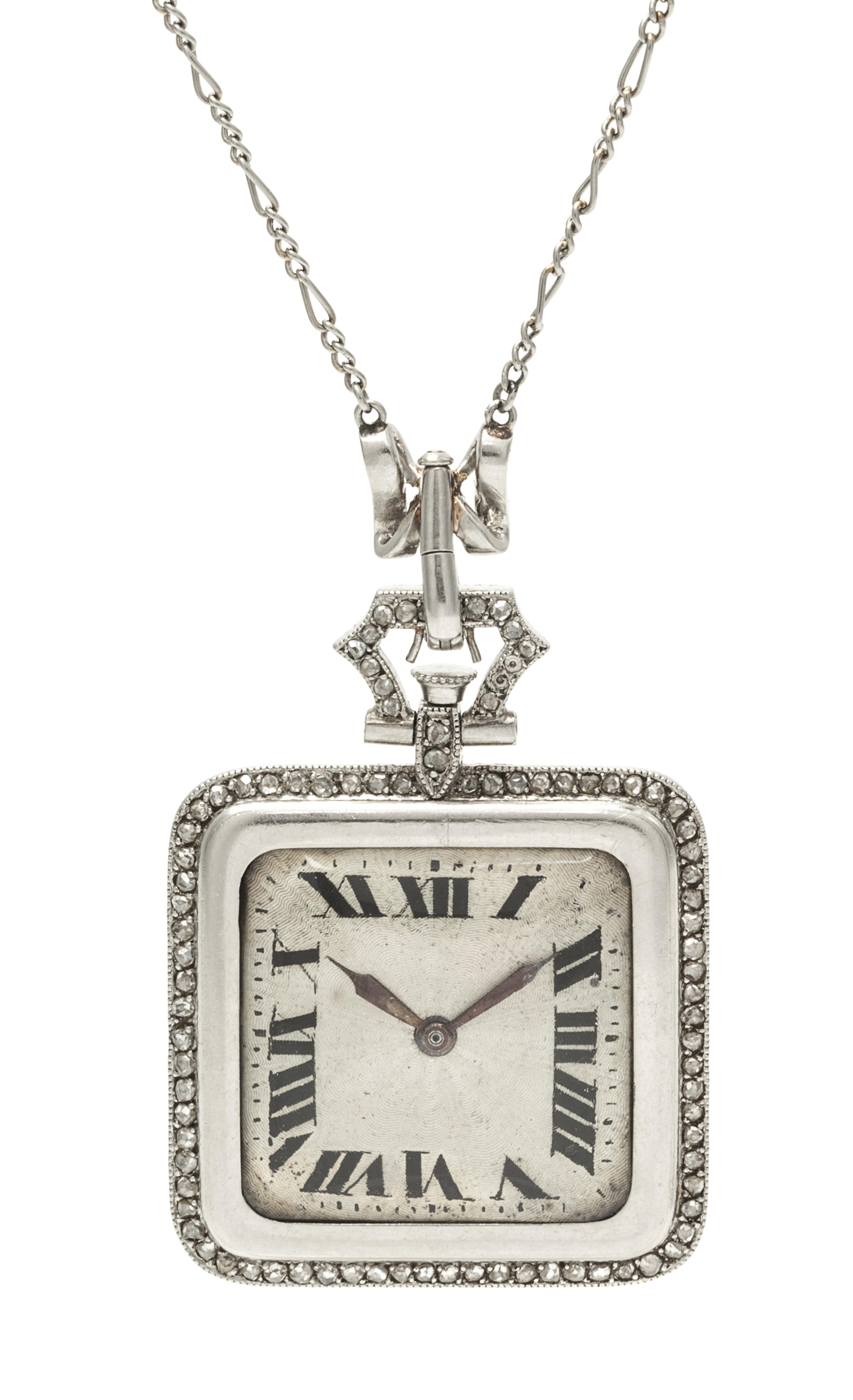 An Art Deco Platinum and Diamond Pendant Watch Necklace, French, 21.00 dwts.