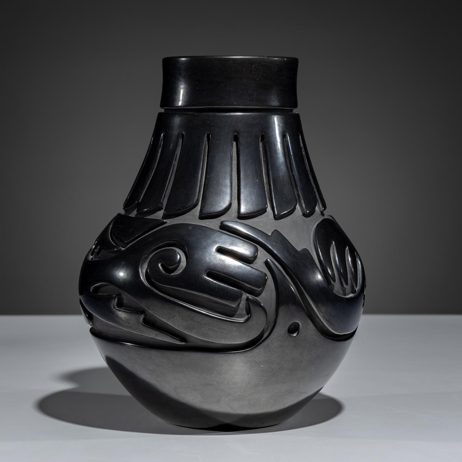 Carved Blackware Pottery Vase, Stylized Avanyu