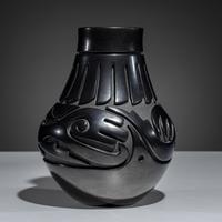 Carved Blackware Pottery Vase, Stylized Avanyu
