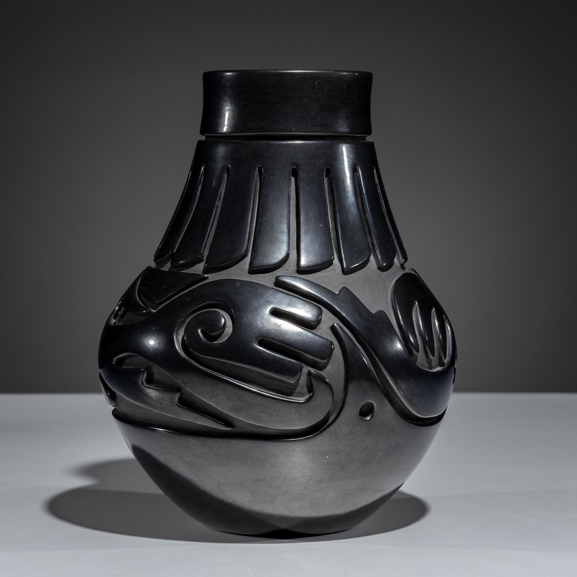 Carved Blackware Pottery Vase, Stylized Avanyu