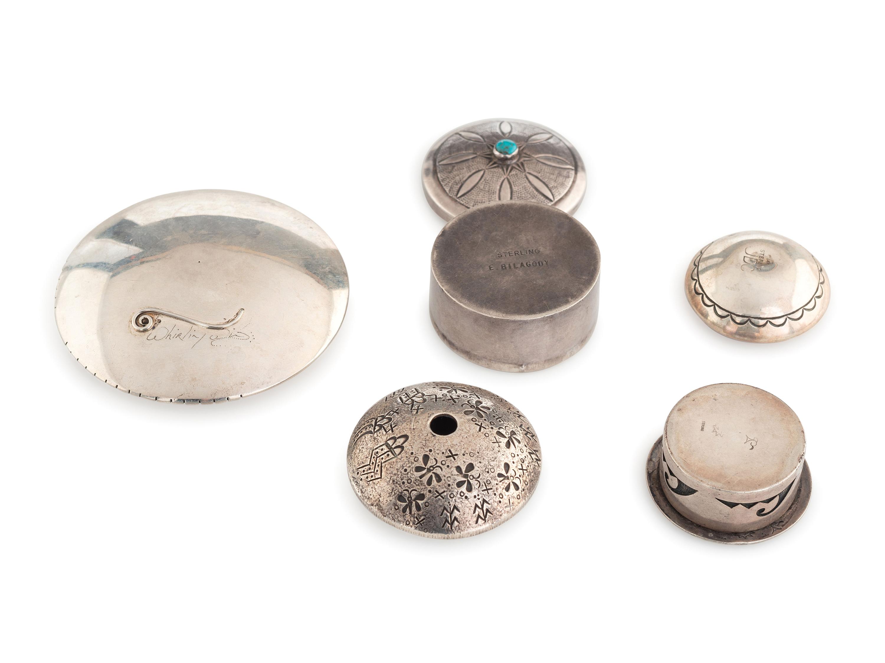 Zuni, Kewa, Navajo, and Hopi Miniature Silver Boxes and Seed Jars
