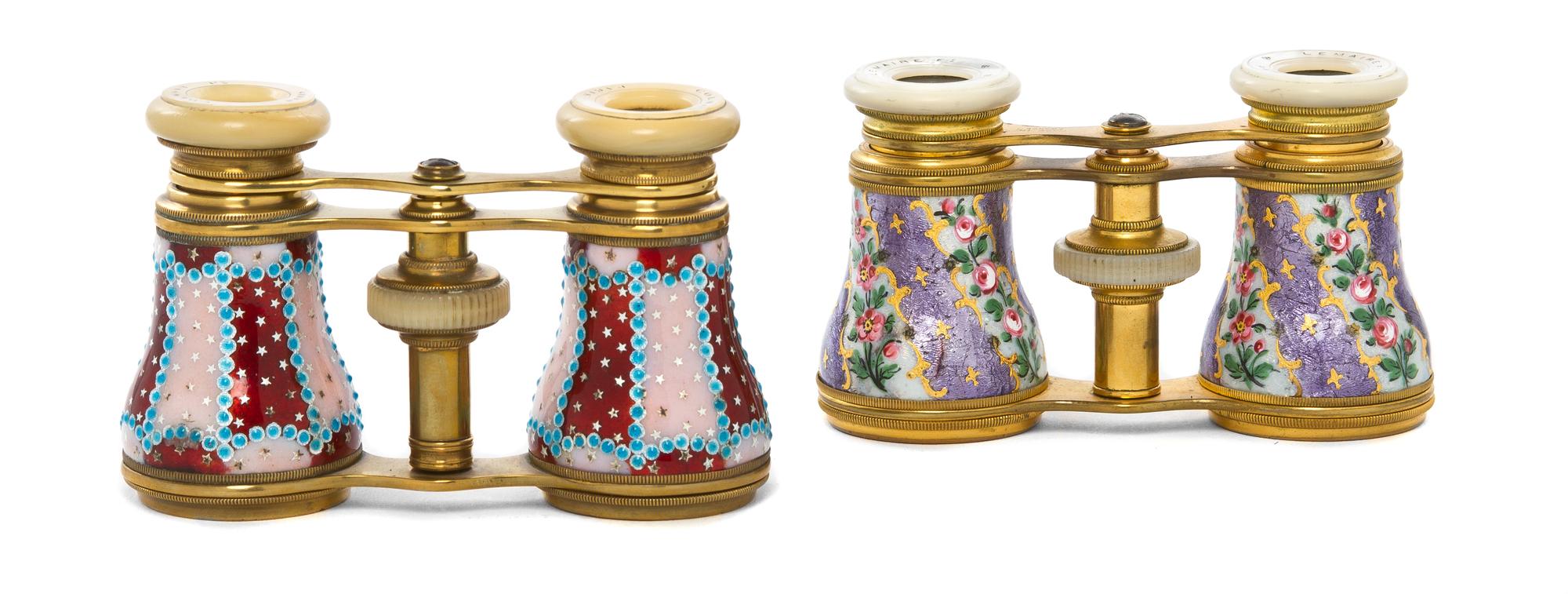 Two Pairs of French Enameled Opera Glasses, Width of first 3 7/8 inches.