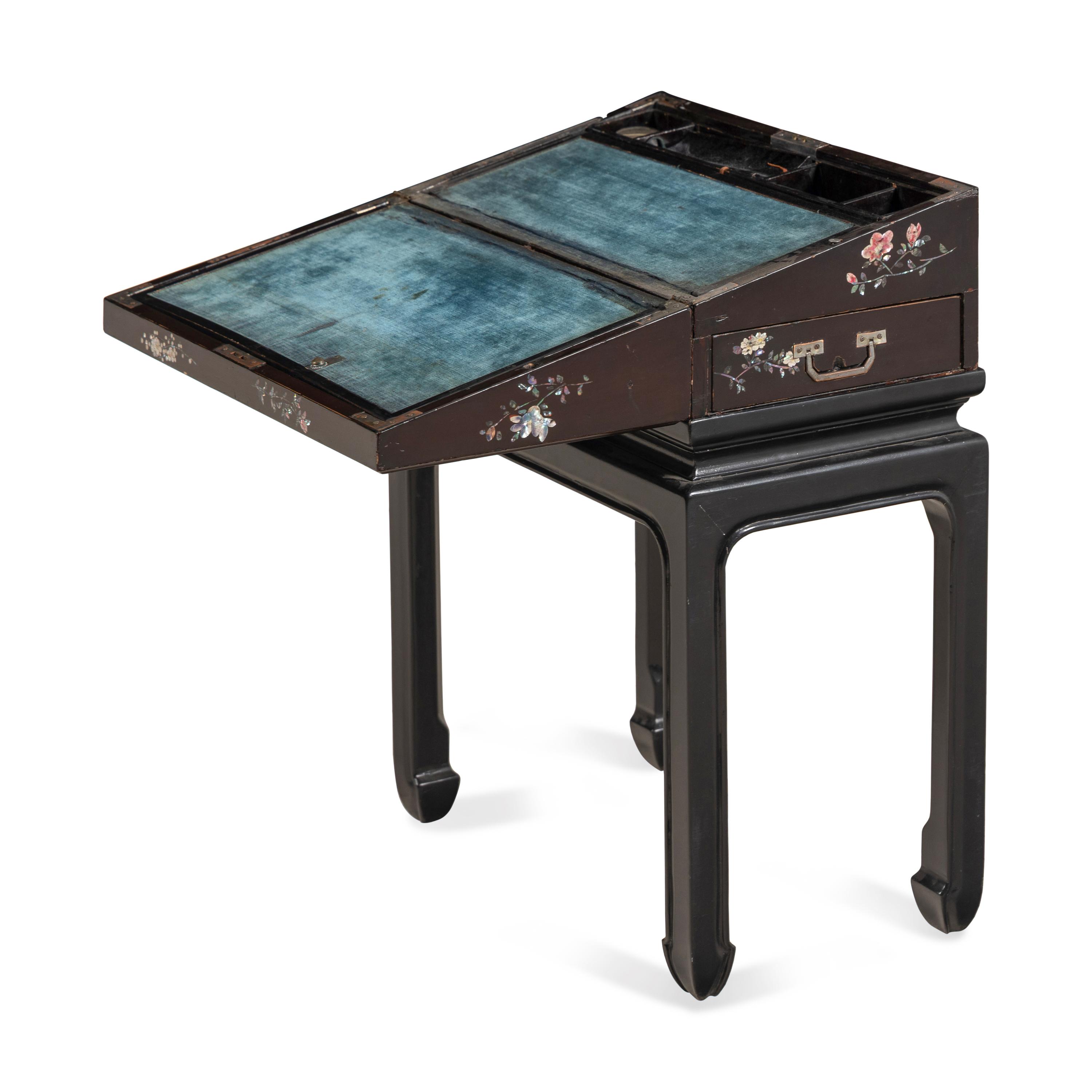 A Japanese Mother-of-Pearl Inlaid Writing Box on Stand