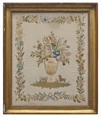 An English Regency Embroidered Silkwork Picture of a Floral Urn with Poodle