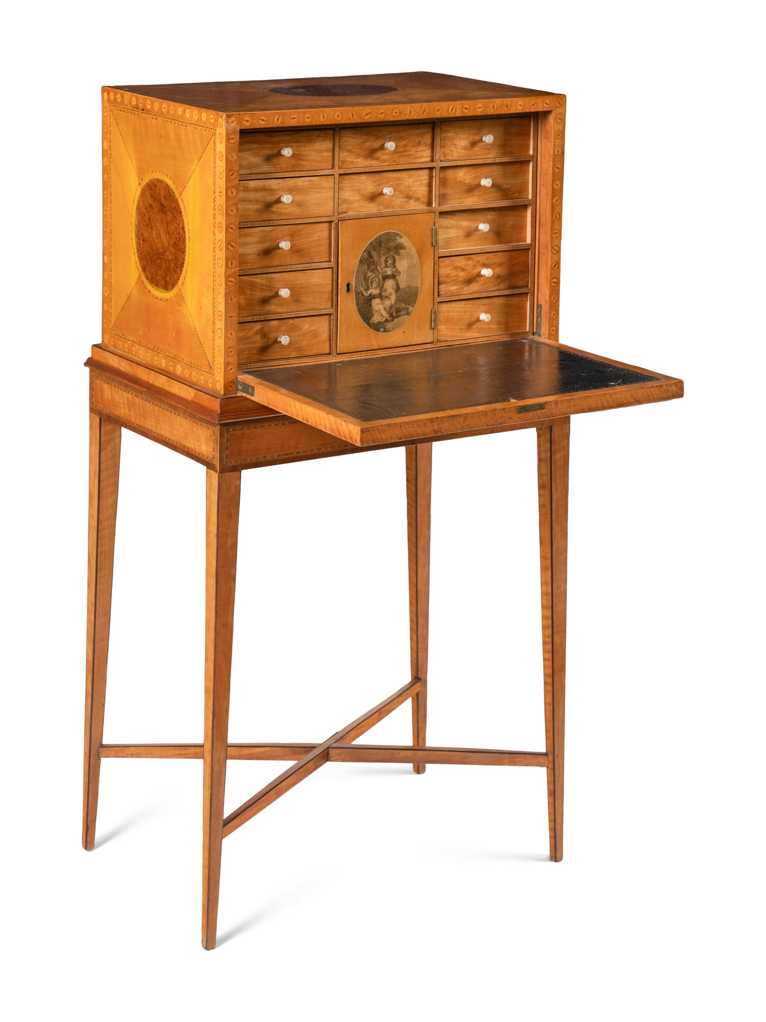 A George III Satinwood, Yew Wood and Marquetry Fall-Front Writing Cabinet on Stand