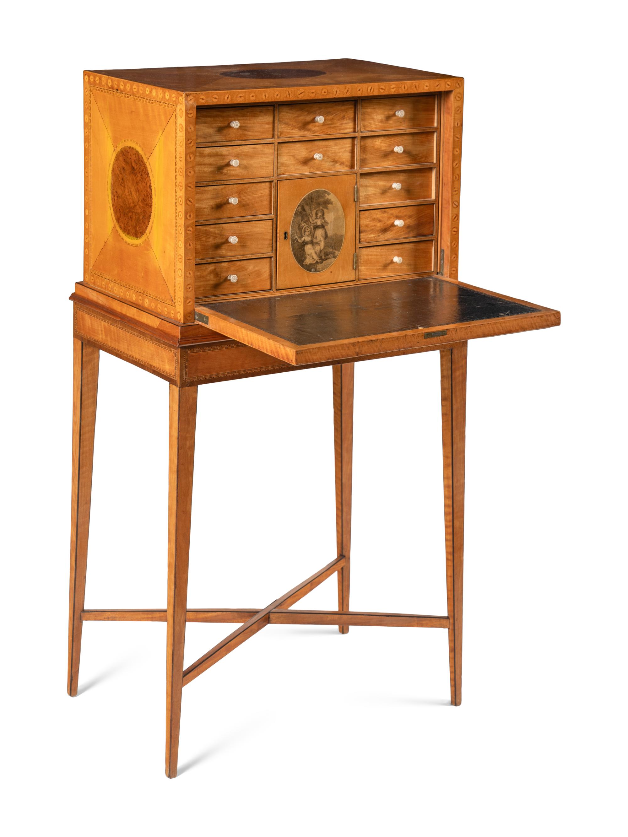 A George III Satinwood, Yew Wood and Marquetry Fall-Front Writing Cabinet on Stand