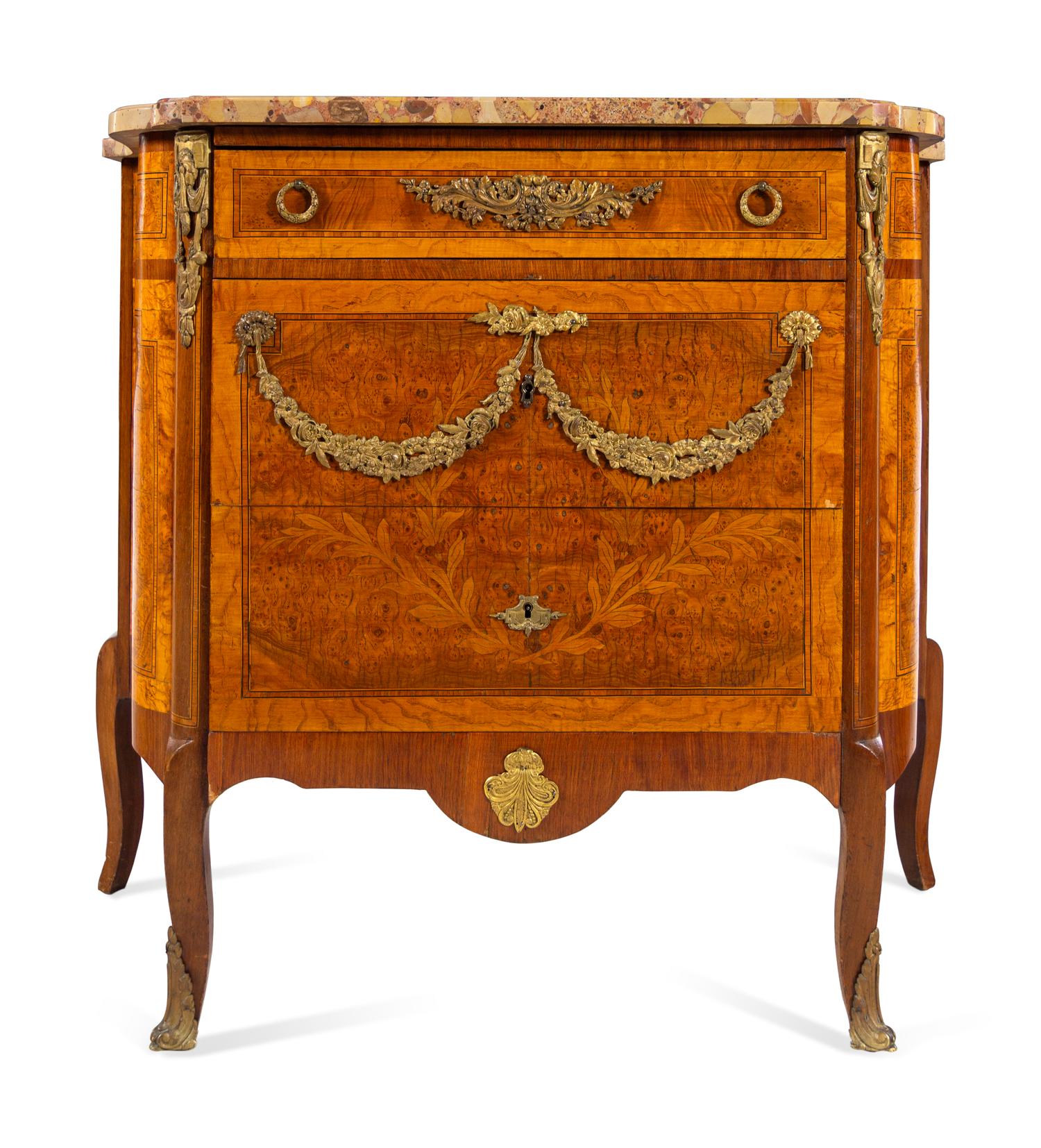 A Louis XV/XVI Transitional Style Gilt Bronze Mounted Burlwood, Marquetry and Breche d'Alep Marble-Top Commode