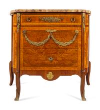 A Louis XV/XVI Transitional Style Gilt Bronze Mounted Burlwood, Marquetry and Breche d'Alep Marble-Top Commode