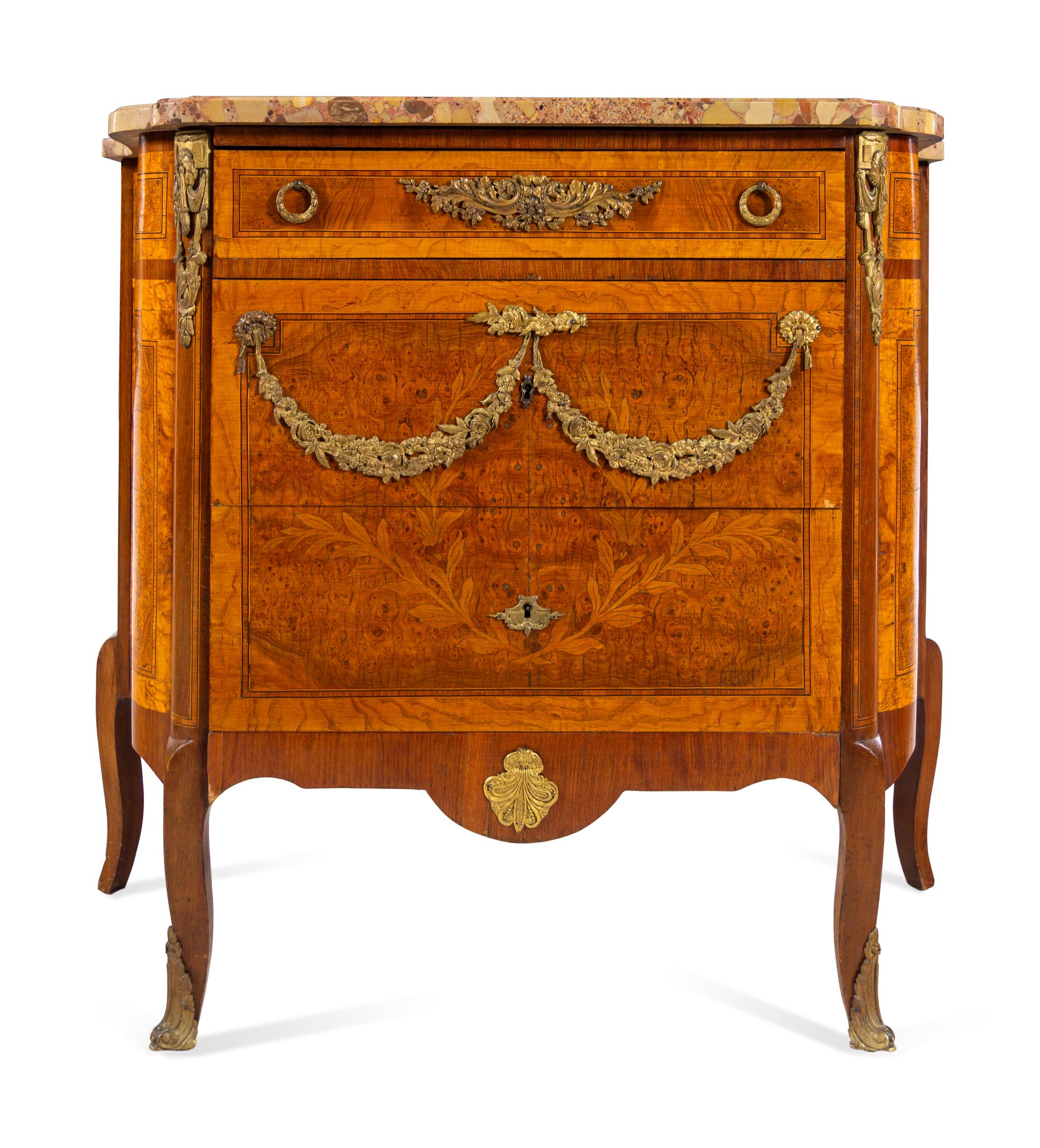 A Louis XV/XVI Transitional Style Gilt Bronze Mounted Burlwood, Marquetry and Breche d'Alep Marble-Top Commode