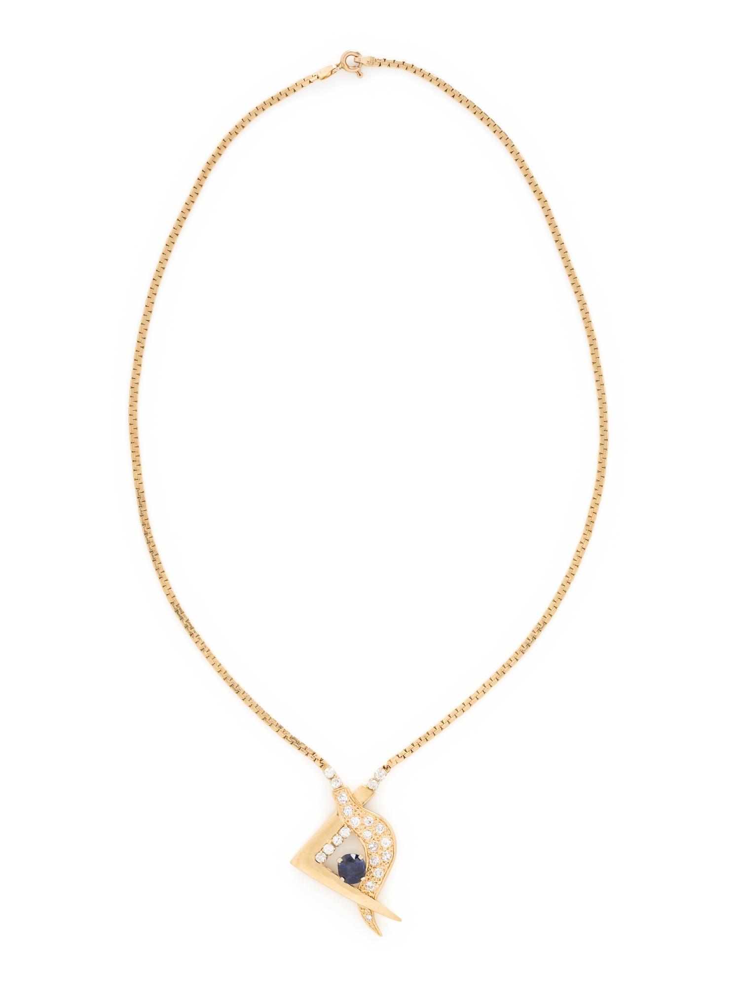 YELLOW GOLD, SYNTHETIC SAPPHIRE AND DIAMOND NECKLACE