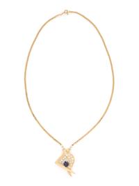 YELLOW GOLD, SYNTHETIC SAPPHIRE AND DIAMOND NECKLACE