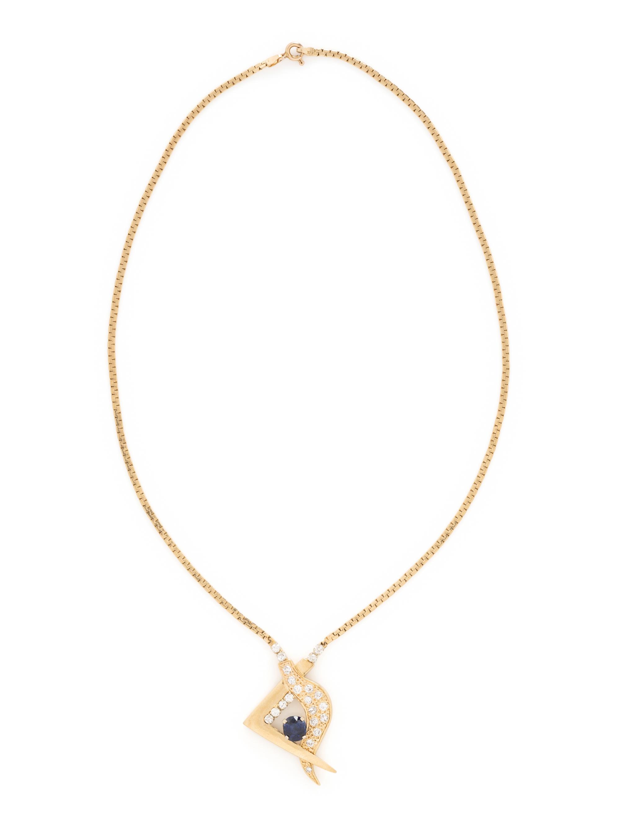 YELLOW GOLD, SYNTHETIC SAPPHIRE AND DIAMOND NECKLACE