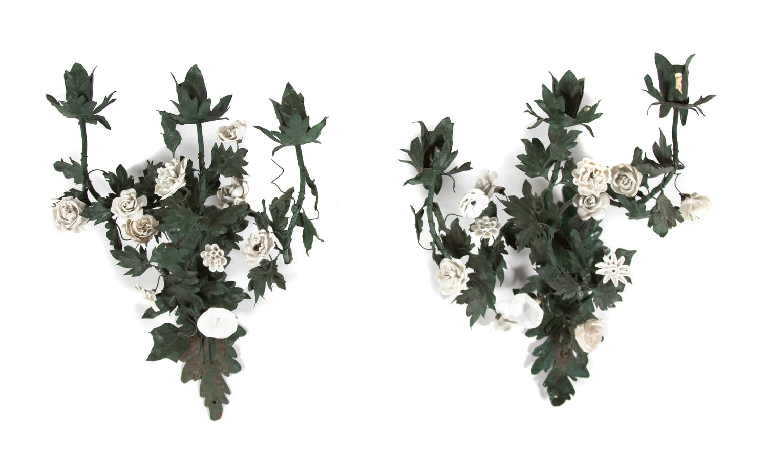 French Porcelain-Mounted Tole Six-Light Chandelier and a Pair of Matching Sconces